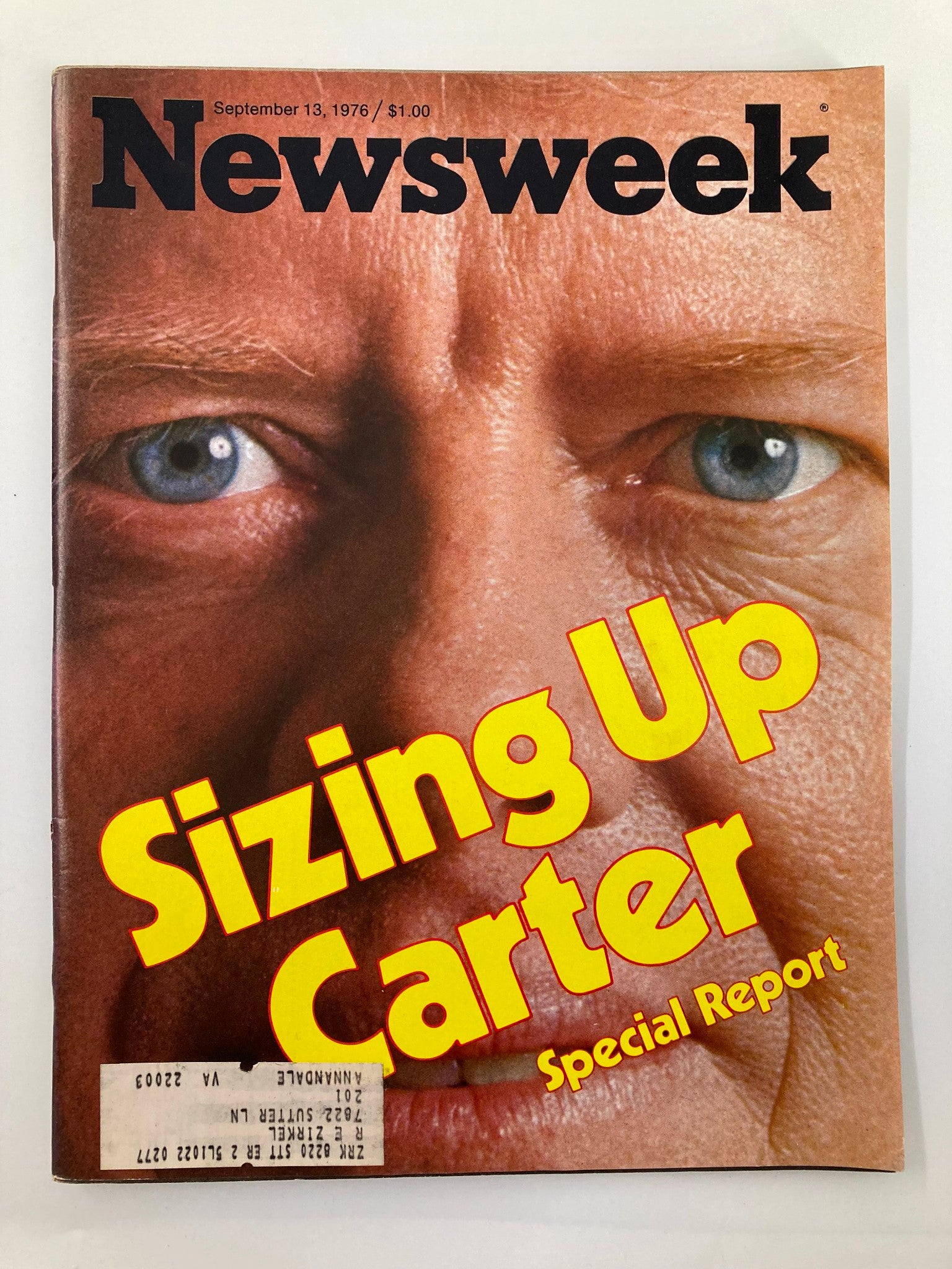 Cover of VTG Newsweek Magazine from September 13, 1976 featuring the title 'Sizing Up Carter' with a close-up of a face, emphasizing the political insights of that era.