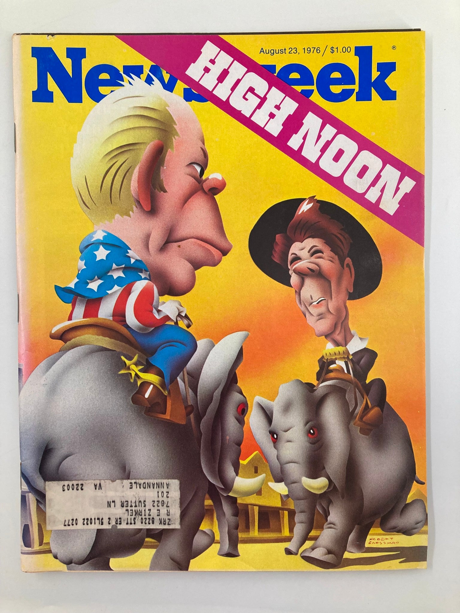 VTG Newsweek Magazine August 23 1976 featuring a colorful cover illustration titled 'High Noon' depicting cartoon-style representations of politicians Ronald Reagan and Gerald Ford on elephants, symbolizing the political landscape of the mid-1970s.