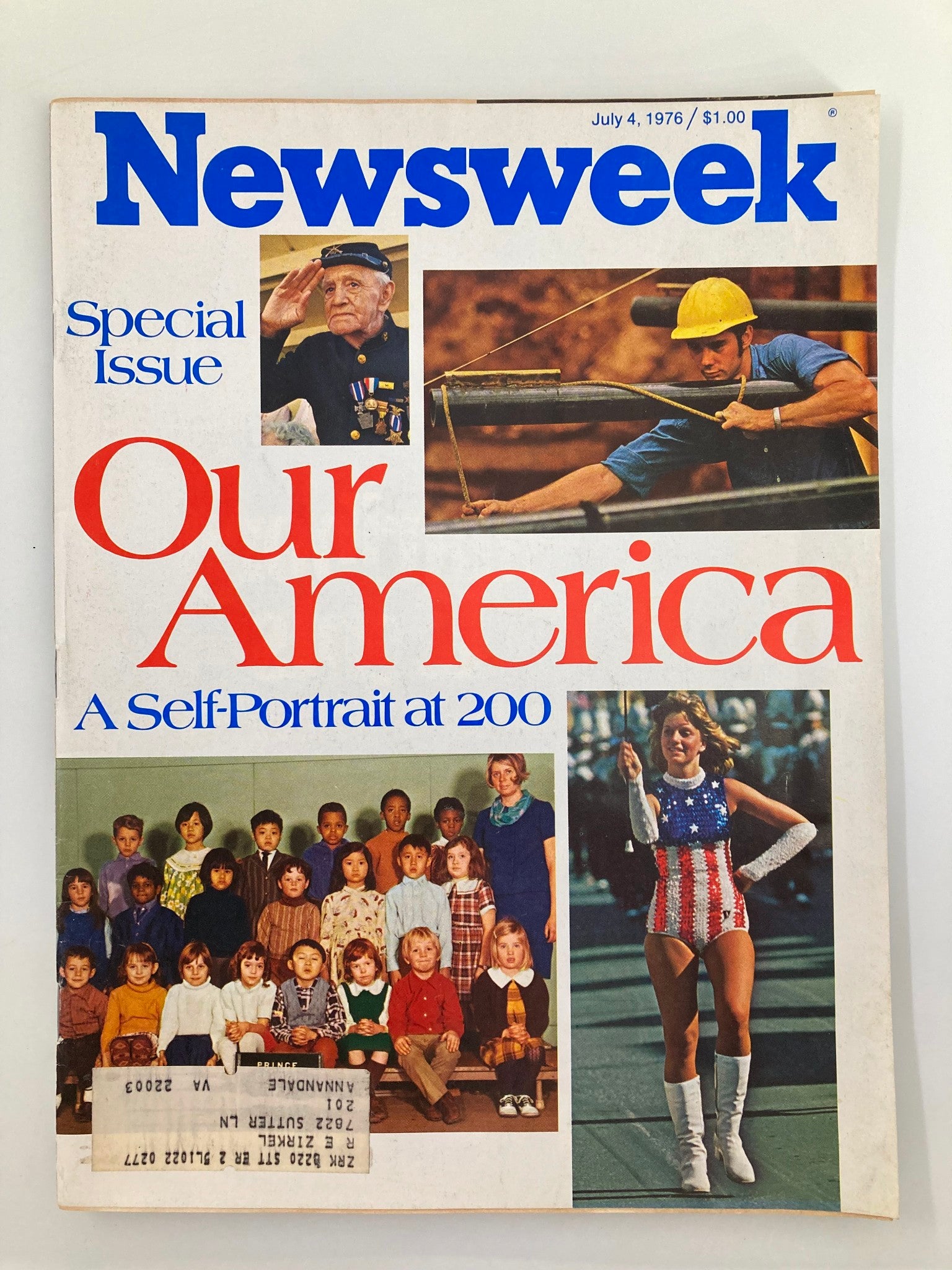 Cover of Vintage Newsweek Magazine from July 4, 1976 titled 'Our America: A Self-Portrait at 200,' showcasing diverse images reflecting American culture and identity during the bicentennial anniversary.