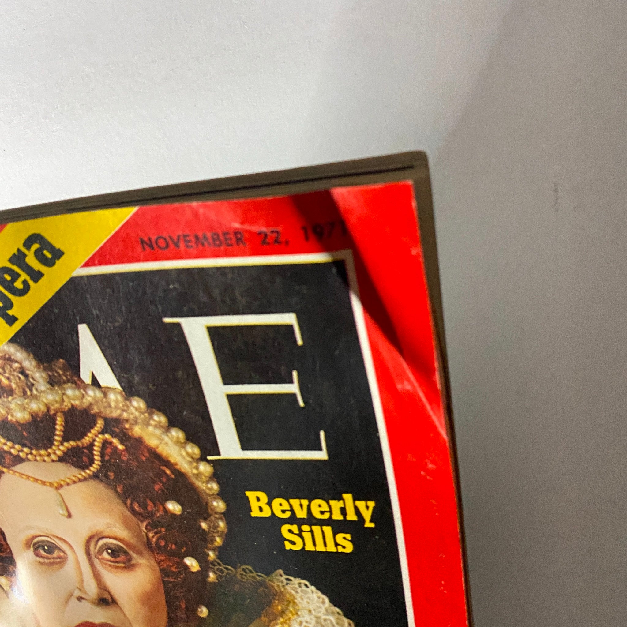 Close-up view of the cover of VTG Time Magazine November 22, 1971 showcasing Beverly Sills, America's Queen of Opera.