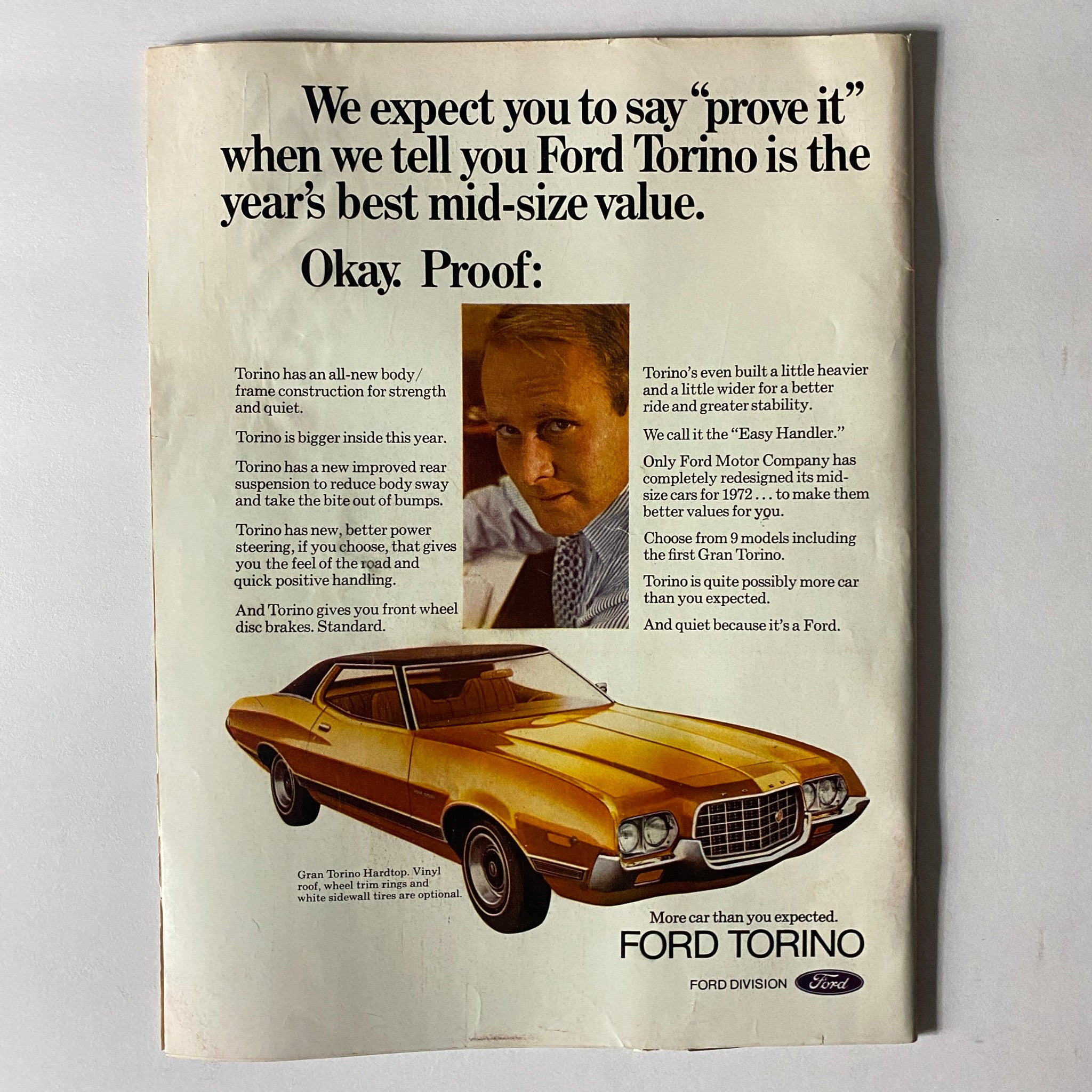 Vintage Ford Torino advertisement promoting the 1972 model with a focus on its features, including improved construction, handling, and overall value.