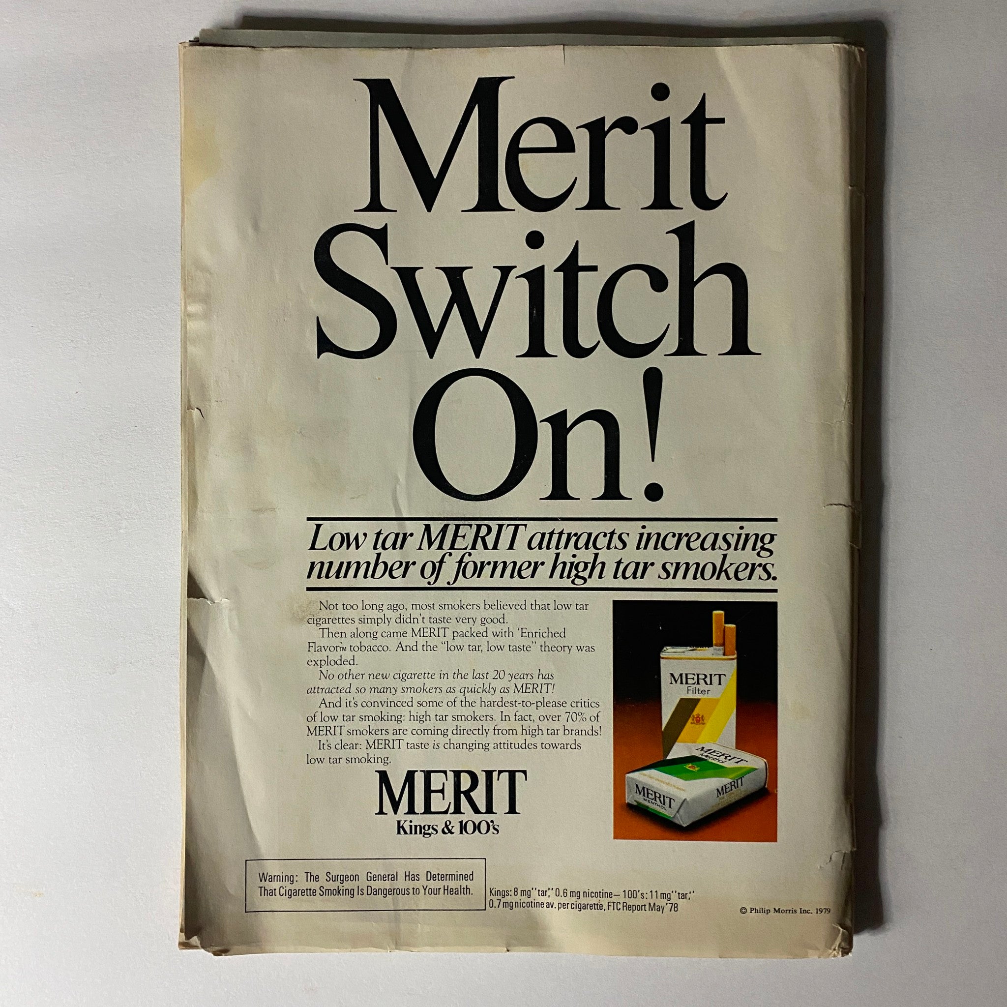 Back cover of the VTG Time Magazine October 8 1979, displaying an advertisement for Merit cigarettes with the headline 'Merit Switch On!'.