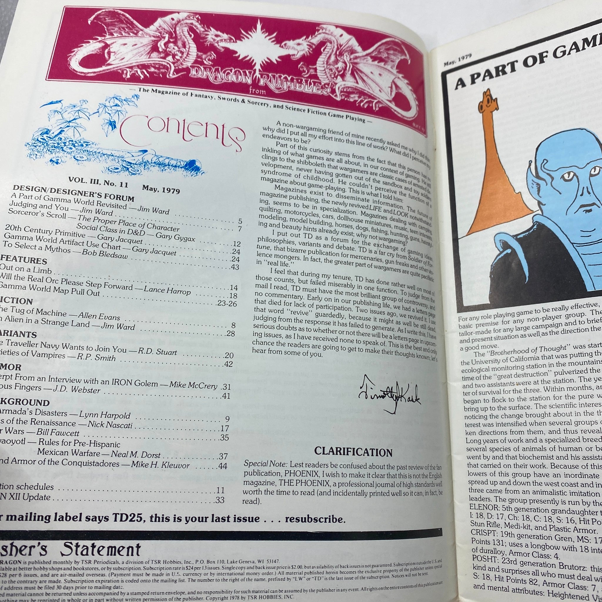 Inside page of VTG The Dragon Magazine May 1979 #25 featuring table of contents and artwork related to Gamma World and gaming culture.