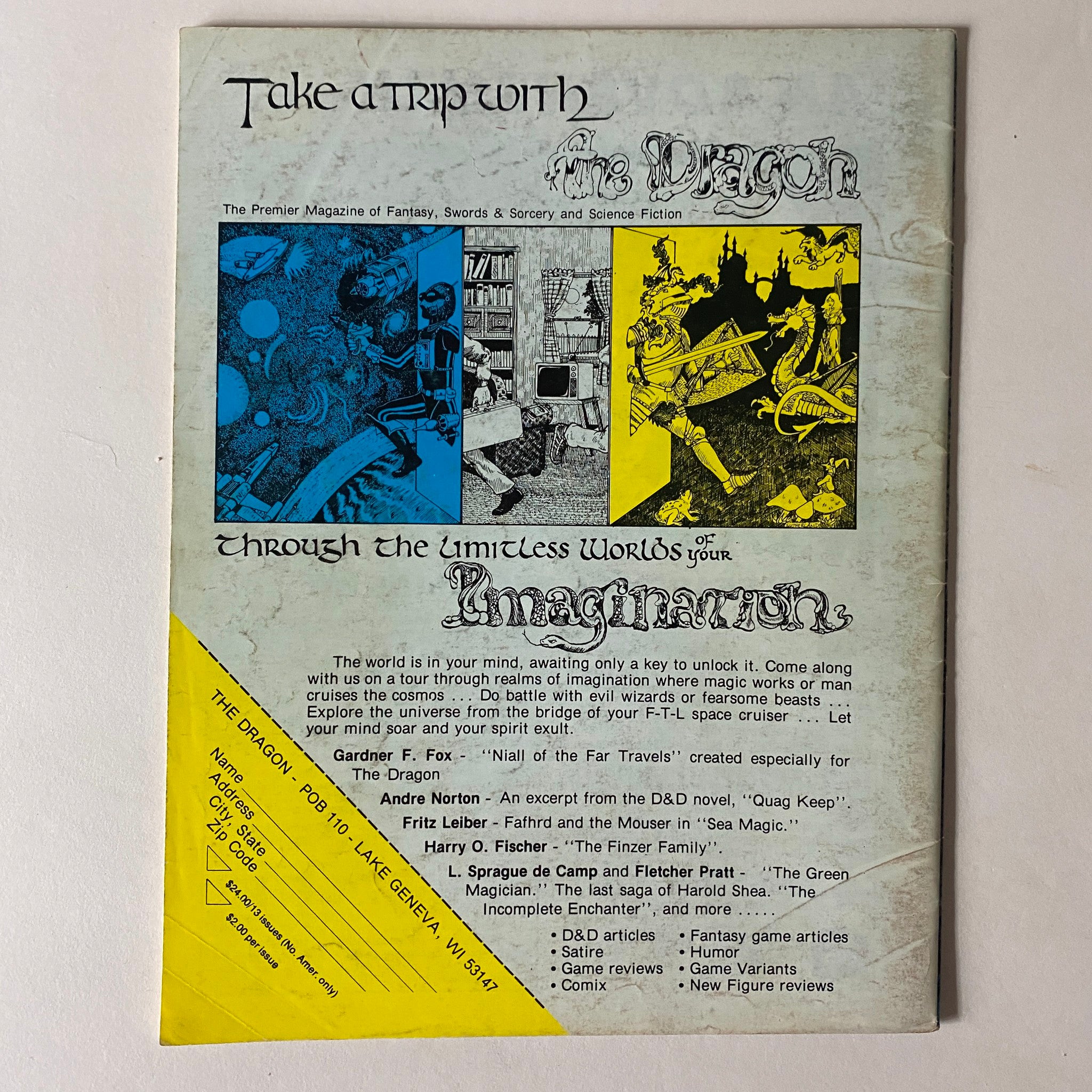 Cover page of VTG The Dragon Magazine May 1979 #25 with illustrations inviting readers to explore the limitless worlds of imagination in fantasy and science fiction.