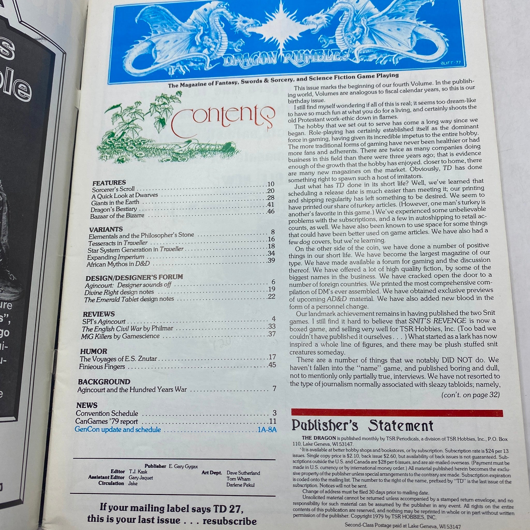 Contents page of VTG The Dragon Magazine July 1979 #27 'The Ruin of French Chivalry', featuring articles and sections on fantasy and role-playing games.
