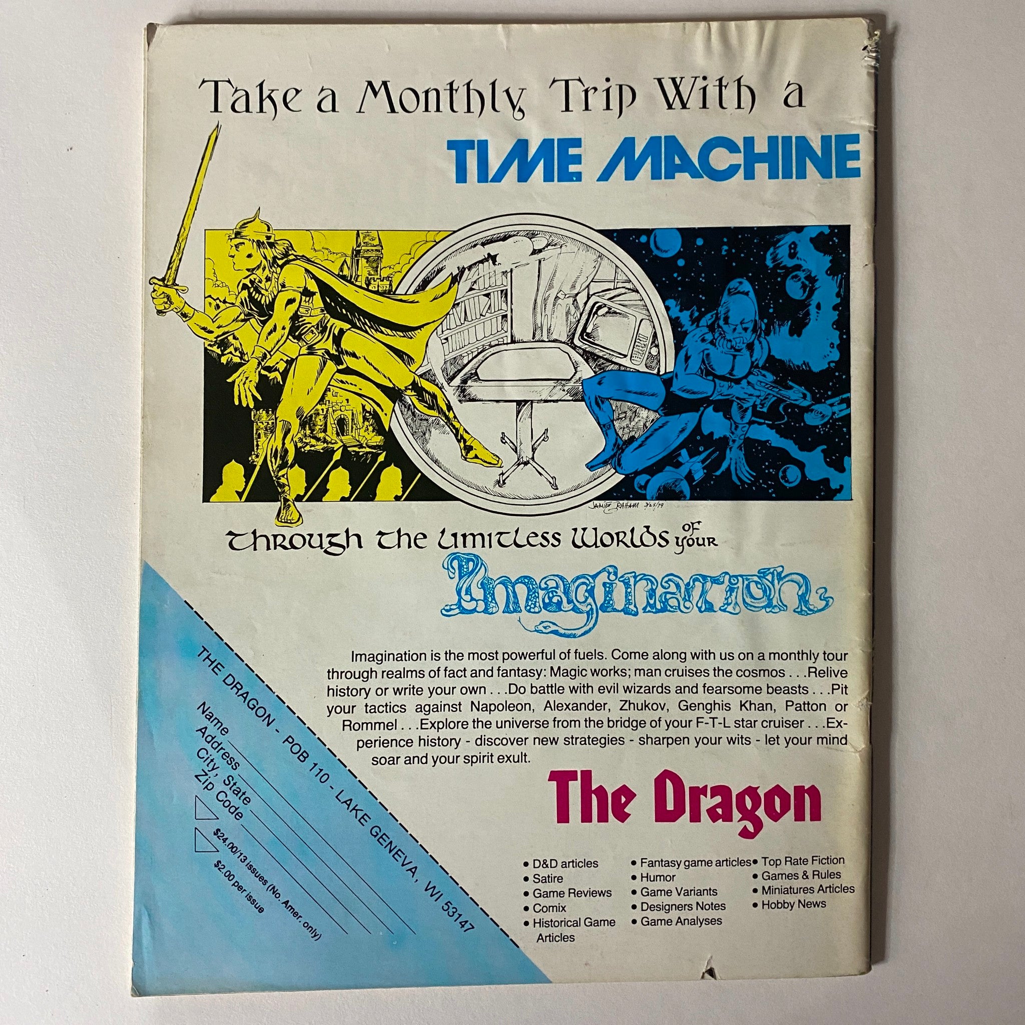 Back cover of VTG The Dragon Magazine July 1979 #27 'The Ruin of French Chivalry', promoting a journey through imagination and fantasy worlds.