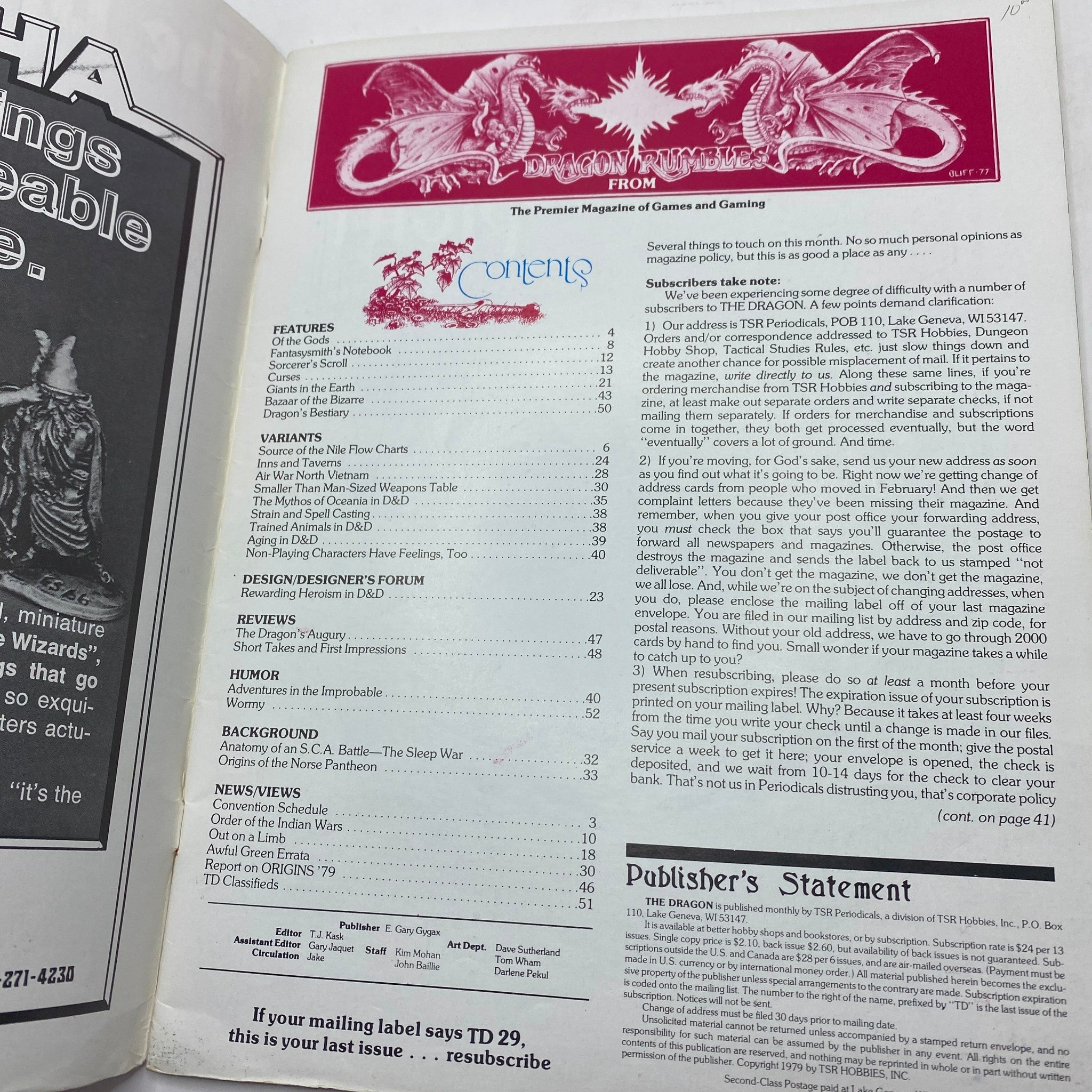 Inside page of VTG The Dragon Magazine September 1979 Issue #29, showcasing the table of contents and features like 'Fantasymith's Notebook' and other articles related to fantasy gaming.