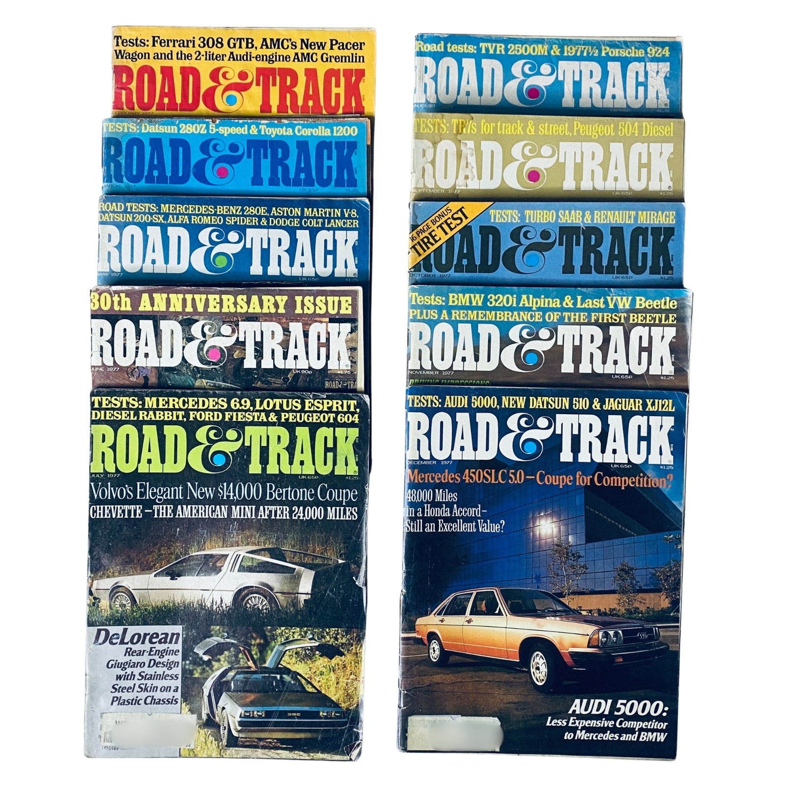 Lot of 10 Road & Track Magazine 1977 February, March, May, June, August-December featuring a collection of automotive covers and articles on various car tests and reviews.