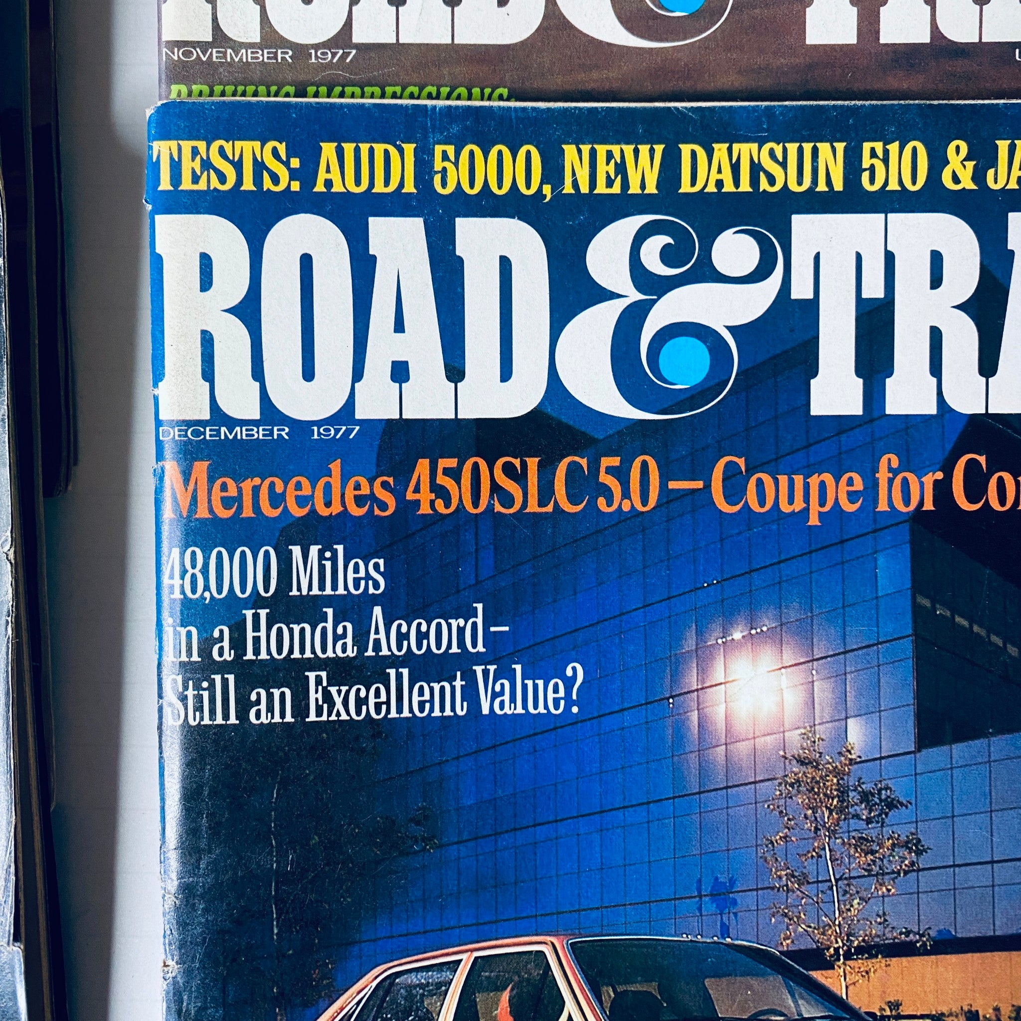 Lot of 10 Road & Track Magazine 1977 February, March, May, June, August-December featuring the November and December issues with automotive articles and car test highlights.
