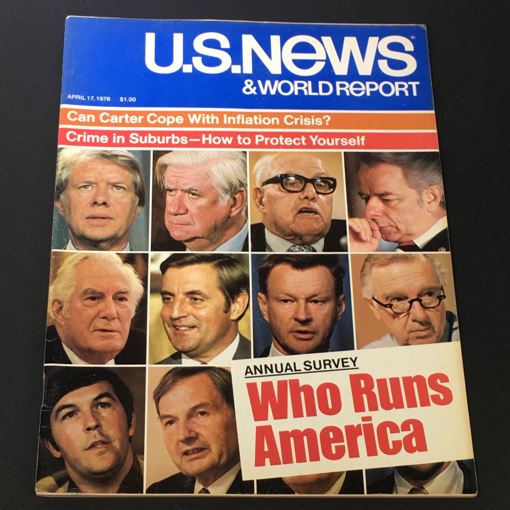 Cover of the VTG US News & World Report Magazine from April 17, 1978, featuring President Jimmy Carter and the title 'Who Runs America', showcasing various political figures from the time.