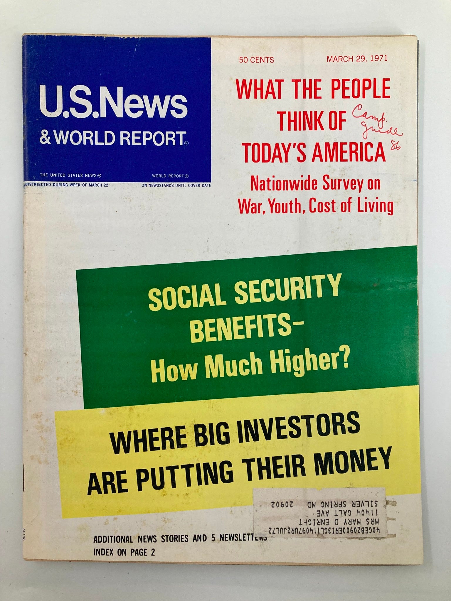 Cover of US News & World Report Magazine March 29 1971 featuring an article on Social Security Benefits and a nationwide survey on America. The magazine includes bold headlines and a stark color contrast.