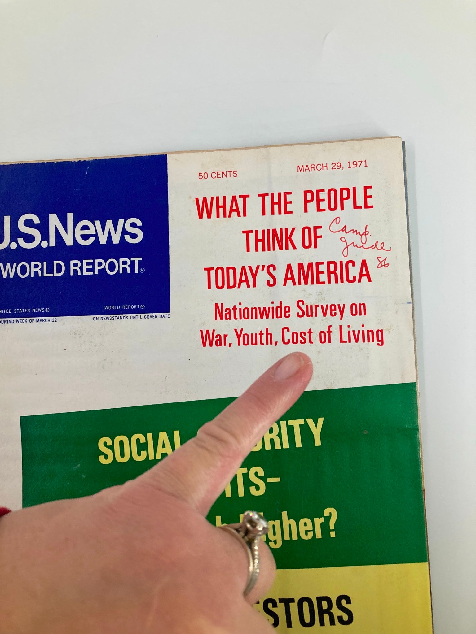 Close-up view of the US News & World Report Magazine March 29 1971 cover, highlighting the title, 'What the People Think of Today's America,' alongside a discussion on Social Security Benefits and economic concerns.