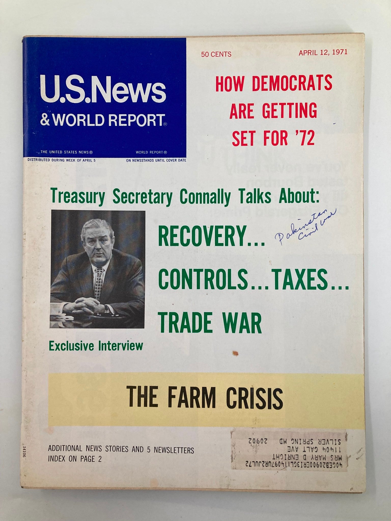 Cover of US News & World Report Magazine dated April 12, 1971, featuring Treasury Secretary Connally discussing economic recovery, along with headlines about the farm crisis and the Democrats' preparation for the upcoming election.