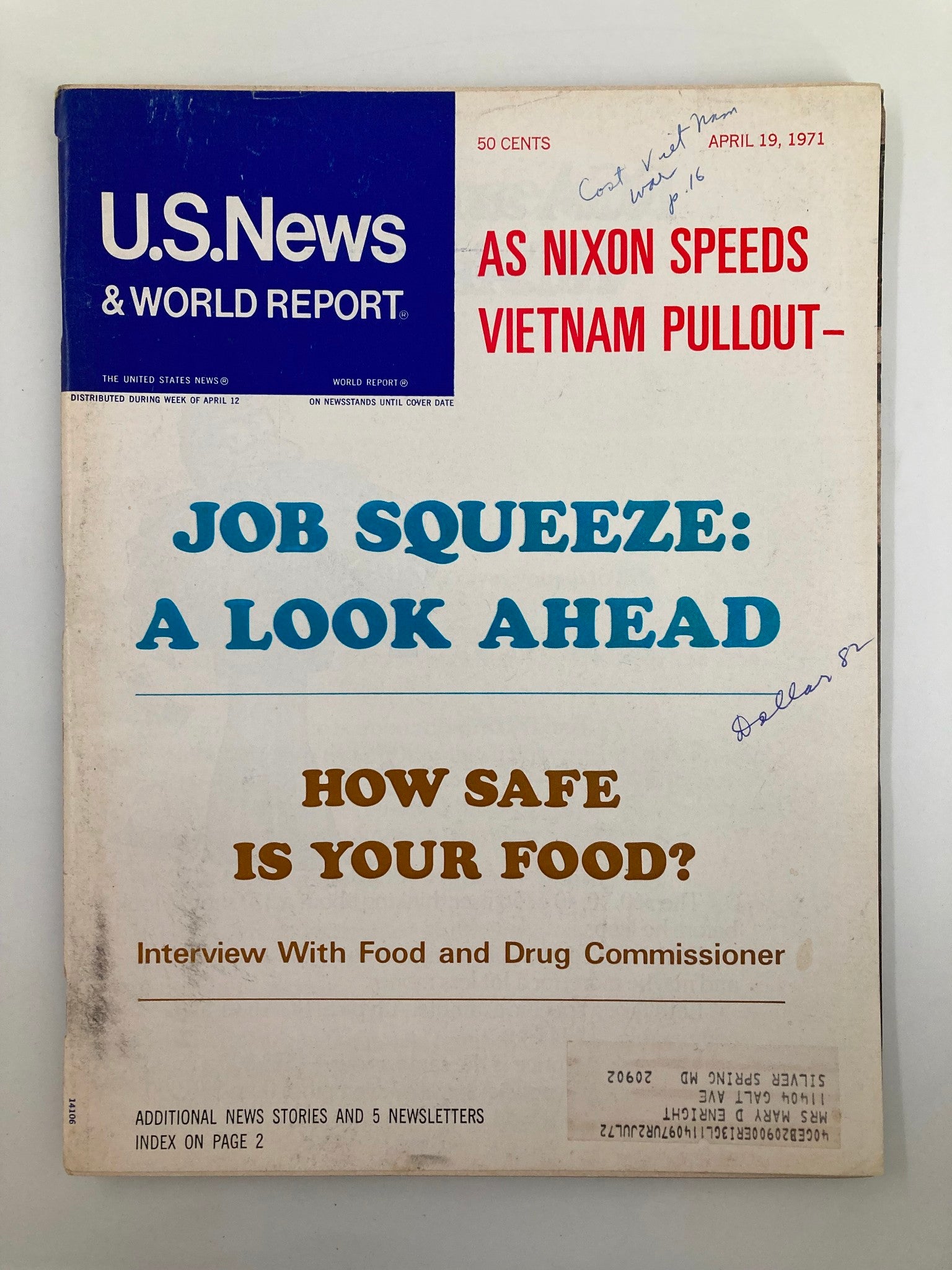 Cover of US News & World Report Magazine dated April 19, 1971, featuring the article 'Job Squeeze: A Look Ahead' and a headline about Vietnam.