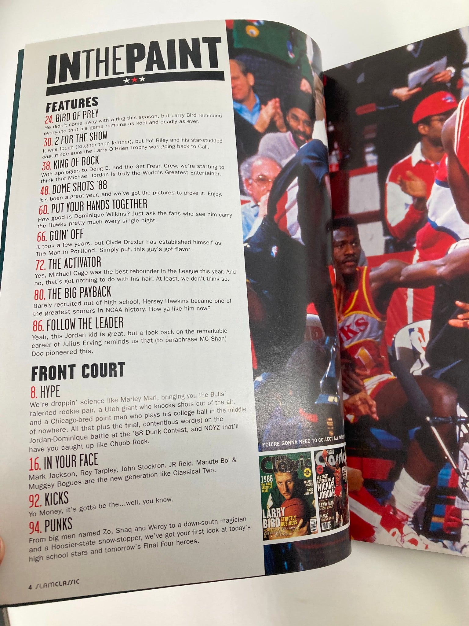 Inside page of Slam Magazine 1998 #32 featuring articles on basketball legends including Michael Jordan and Larry Bird, highlighting the era's sports culture.