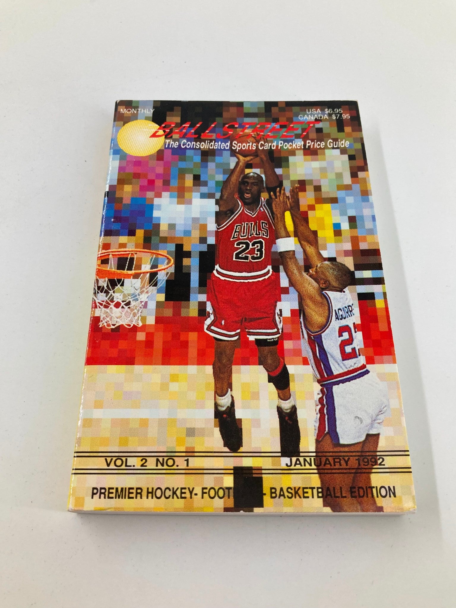 Ballstreet Magazine Vol 2 No. 1 January 1992 cover displaying Michael Jordan's iconic moment while playing basketball, with colorful pixelated background.