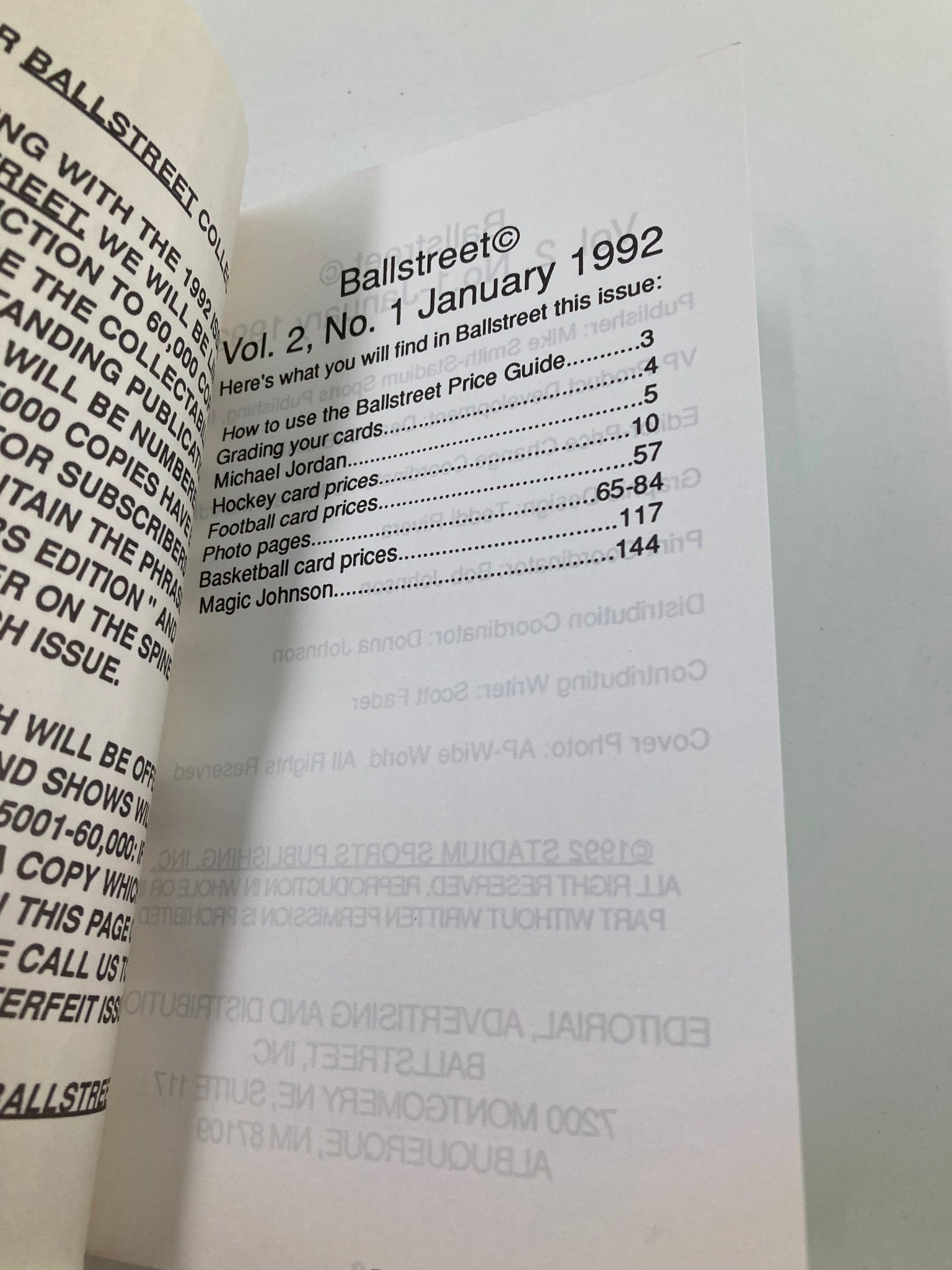 Inside page of Ballstreet Magazine Vol 2 No. 1 January 1992 showing the table of contents, highlighting articles about basketball cards and pricing.
