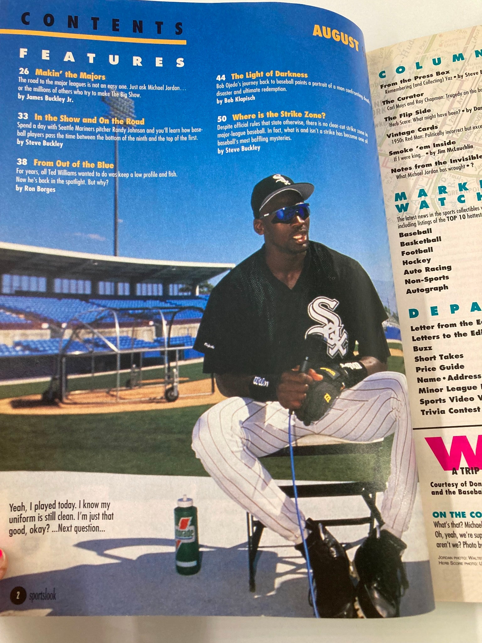Collector's Sportslook Magazine August 1994 featuring Michael Jordan - contents page listing features, articles and visuals related to sports and baseball.