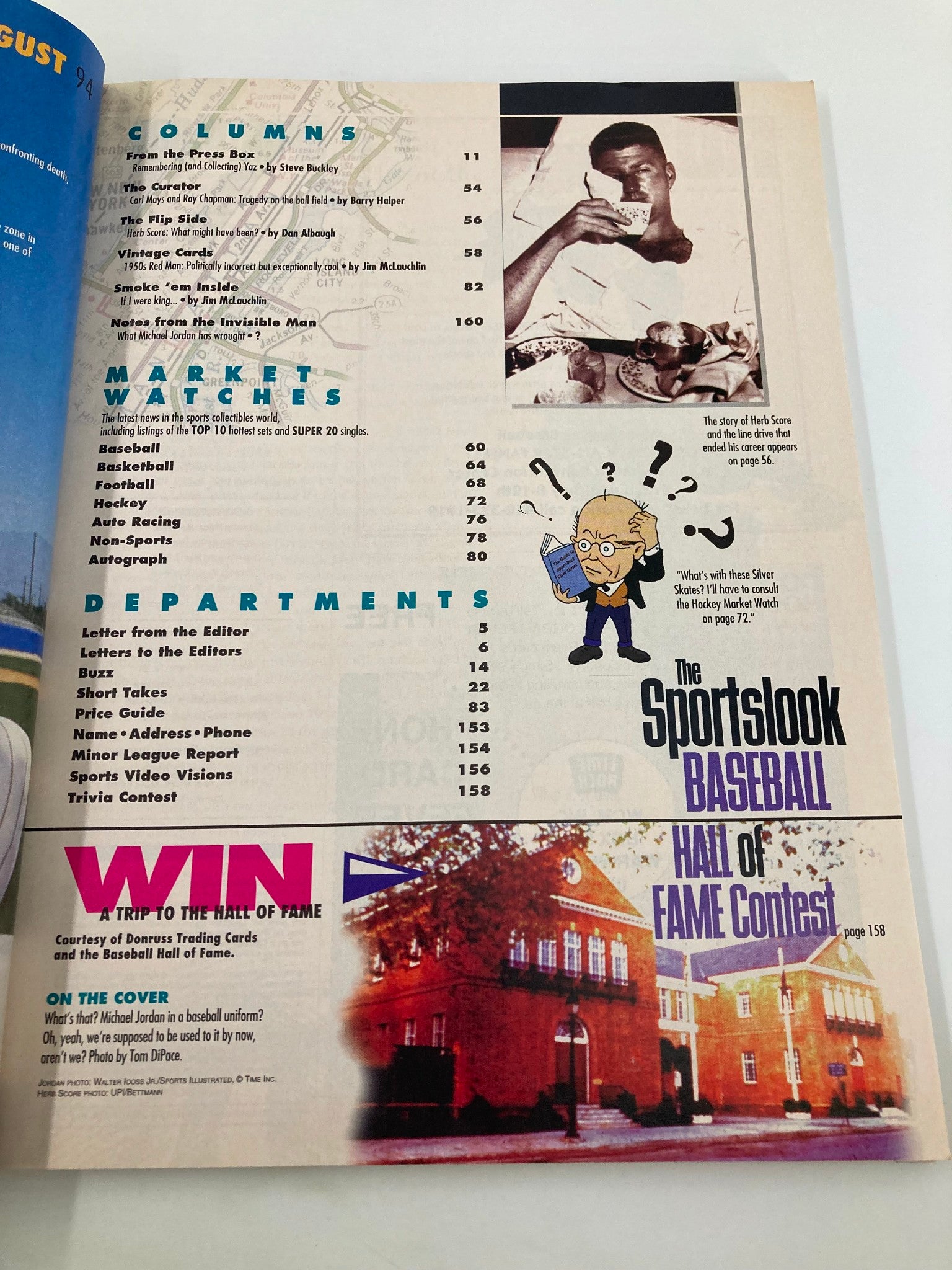 Collector's Sportslook Magazine August 1994 showcasing Michael Jordan - another contents page displaying columns, market watches, and Hall of Fame contest information.