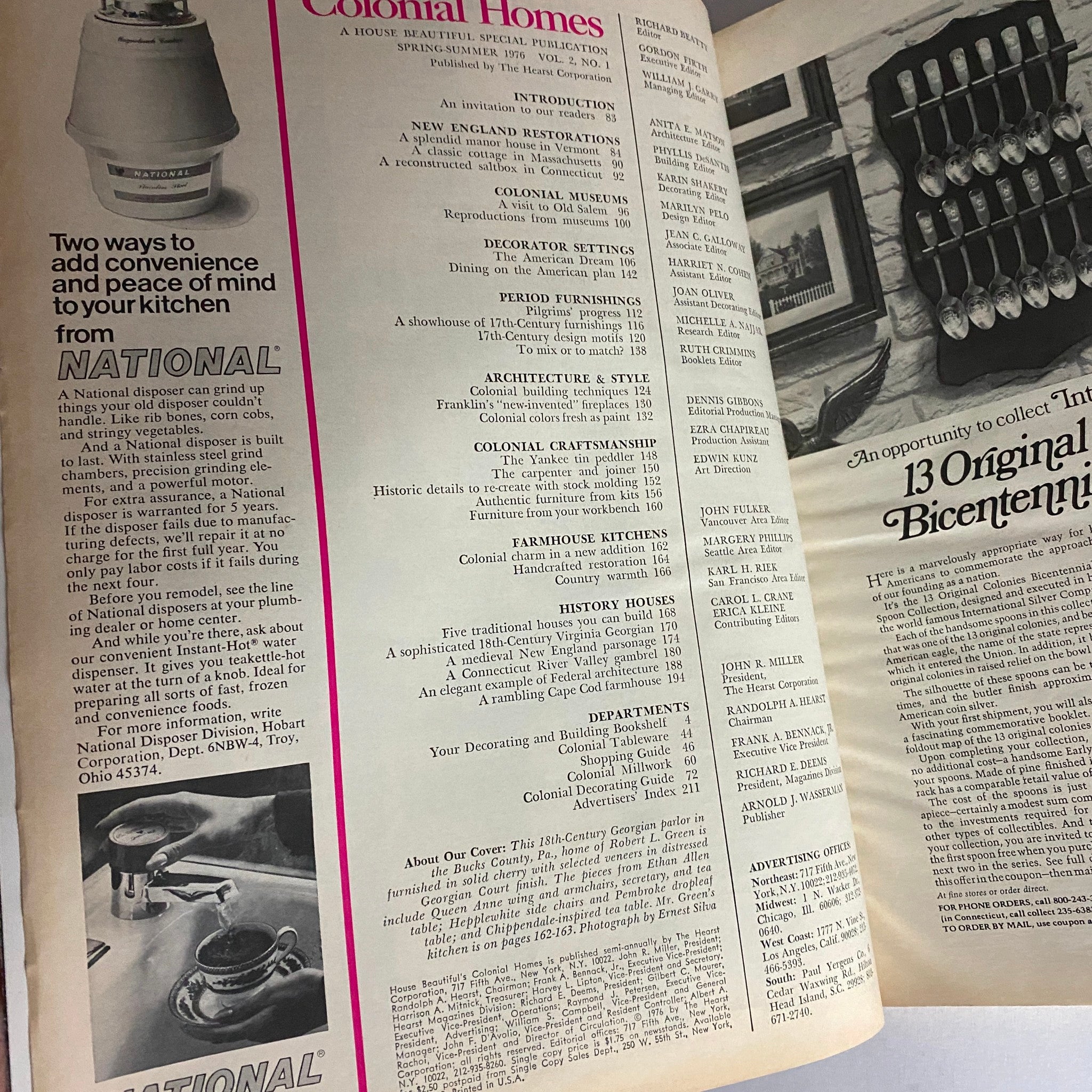 Interior page of VTG House Beautiful Magazine Spring - Summer 1976, highlighting articles on colonial kitchens, restorations, and architectural styles, offering insights for home decoration.