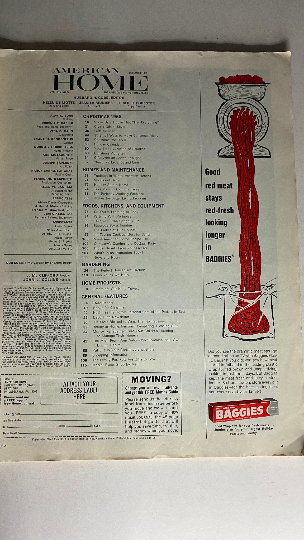 Table of contents from VTG American Home Magazine December 1966 Christmas Issue showcasing articles and features related to holiday traditions and home decor.
