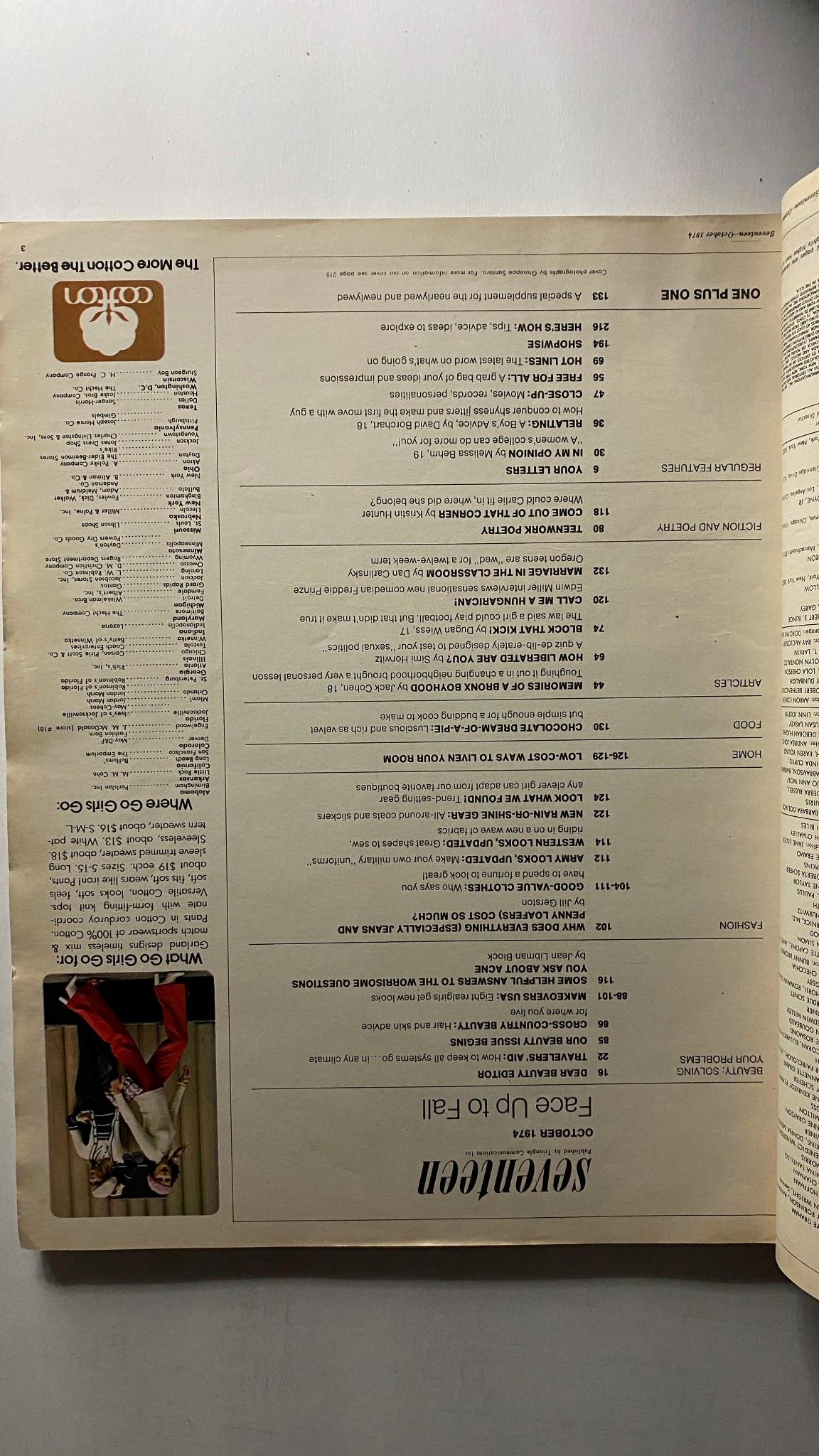 Page from VTG Seventeen Magazine October 1974 displaying the table of contents, showcasing articles such as 'Here's How!' and beauty tips. This issue is part of 'The Makeovers USA' feature and reflects the trends of the 1970s.