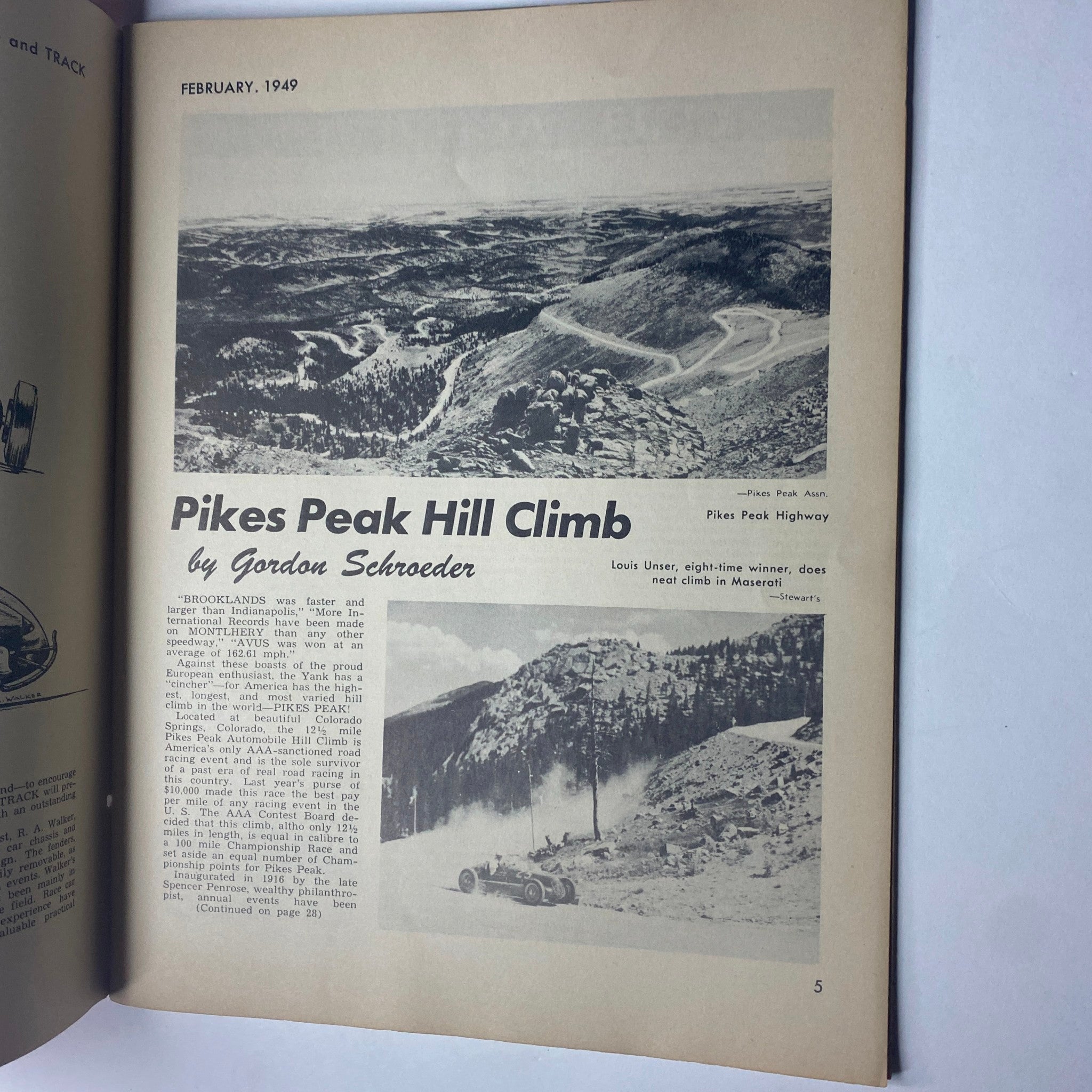 Road and Track Magazine February 1949, page showcasing the Pikes Peak Hill Climb with an image and text by Gordon Schroeder, good condition.