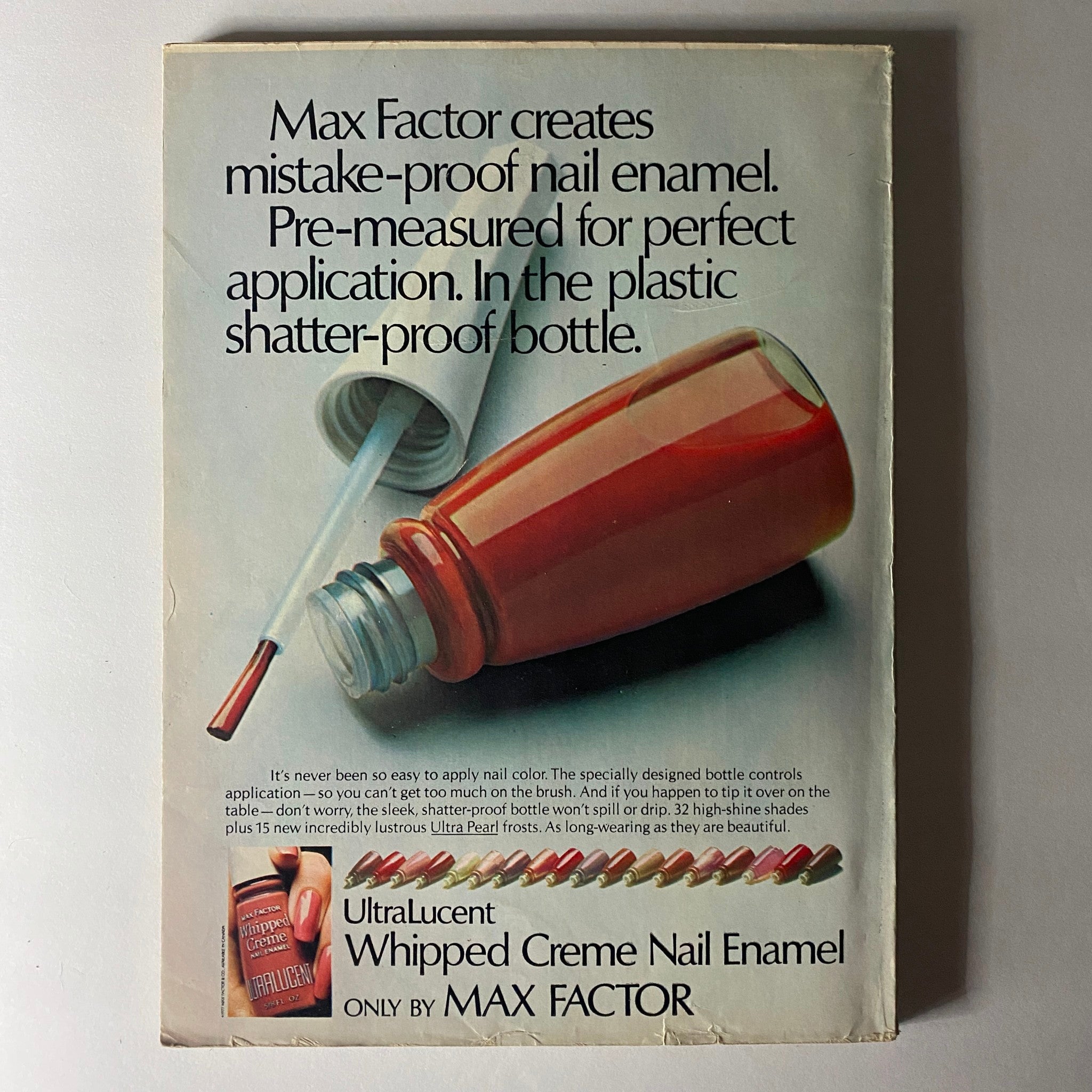 Back cover of VTG Seventeen Magazine April 1977 advertising Max Factor Whipped Creme Nail Enamel, illustrating the product for trendy beauty enthusiasts.