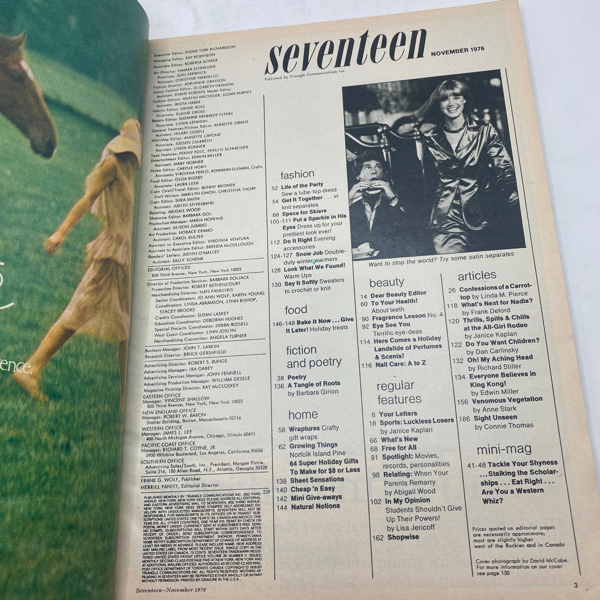 Contents page of the Vintage Seventeen Magazine November 1976 showcasing articles on fashion, beauty, and youth culture.