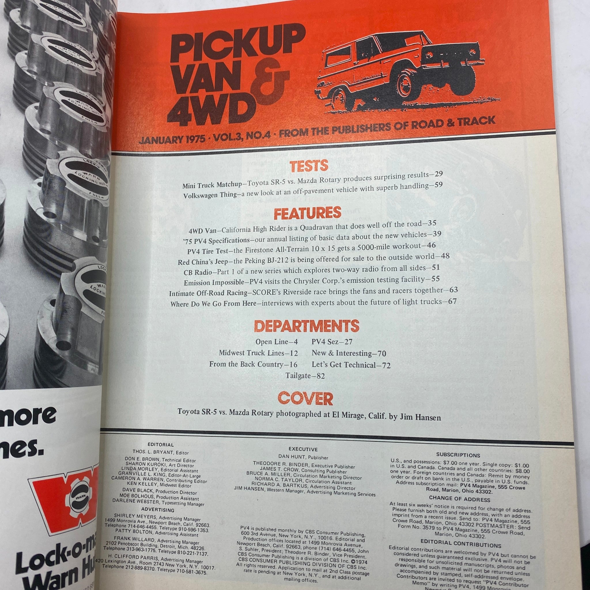 Contents page of VTG Pickup, Van & 4WD Magazine January 1975 highlighting features like Mini Truck Match Up and various automotive tests.
