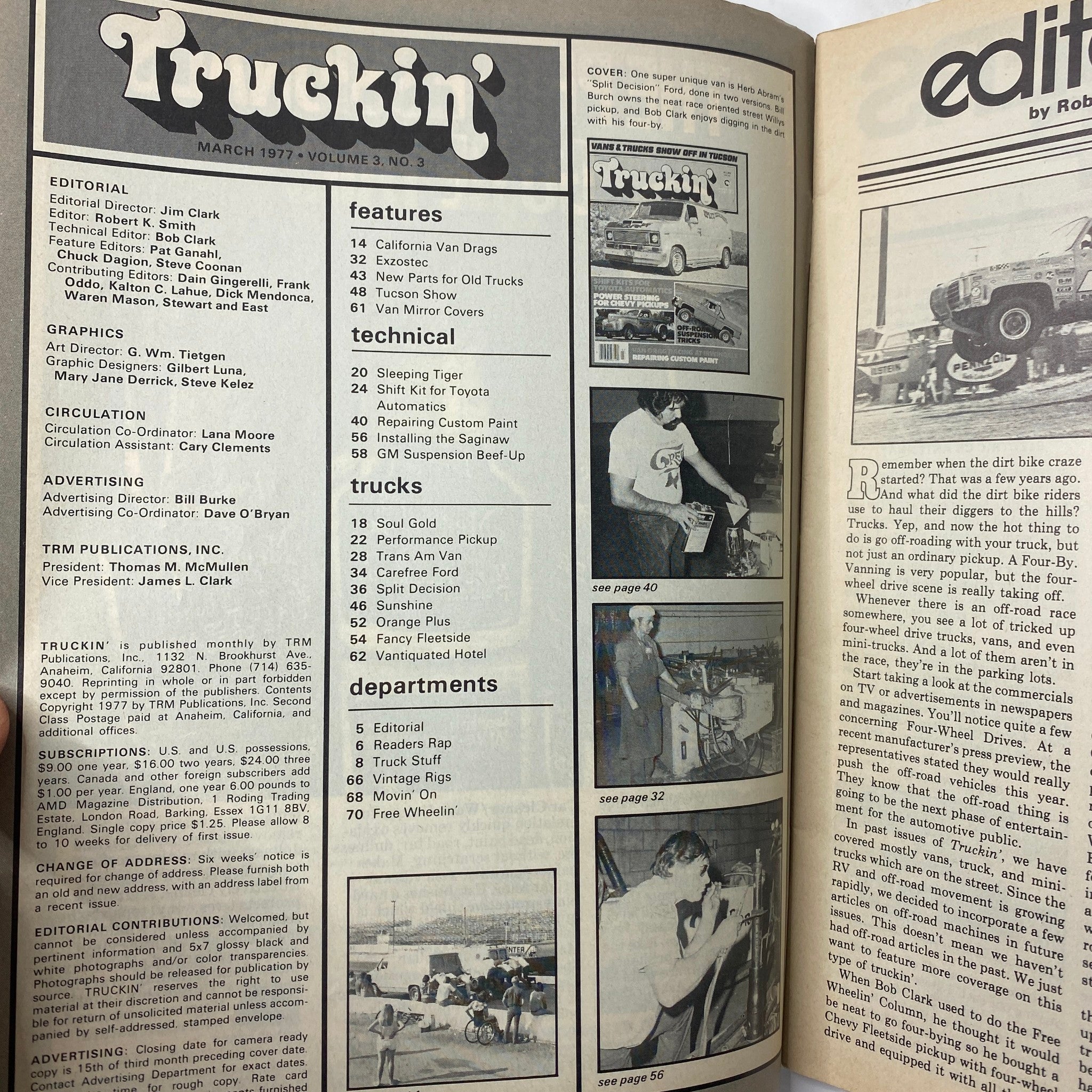Inside page of Truckin' Magazine March 1977 displaying an editorial section, features, and technical details related to automotive performance and customization.