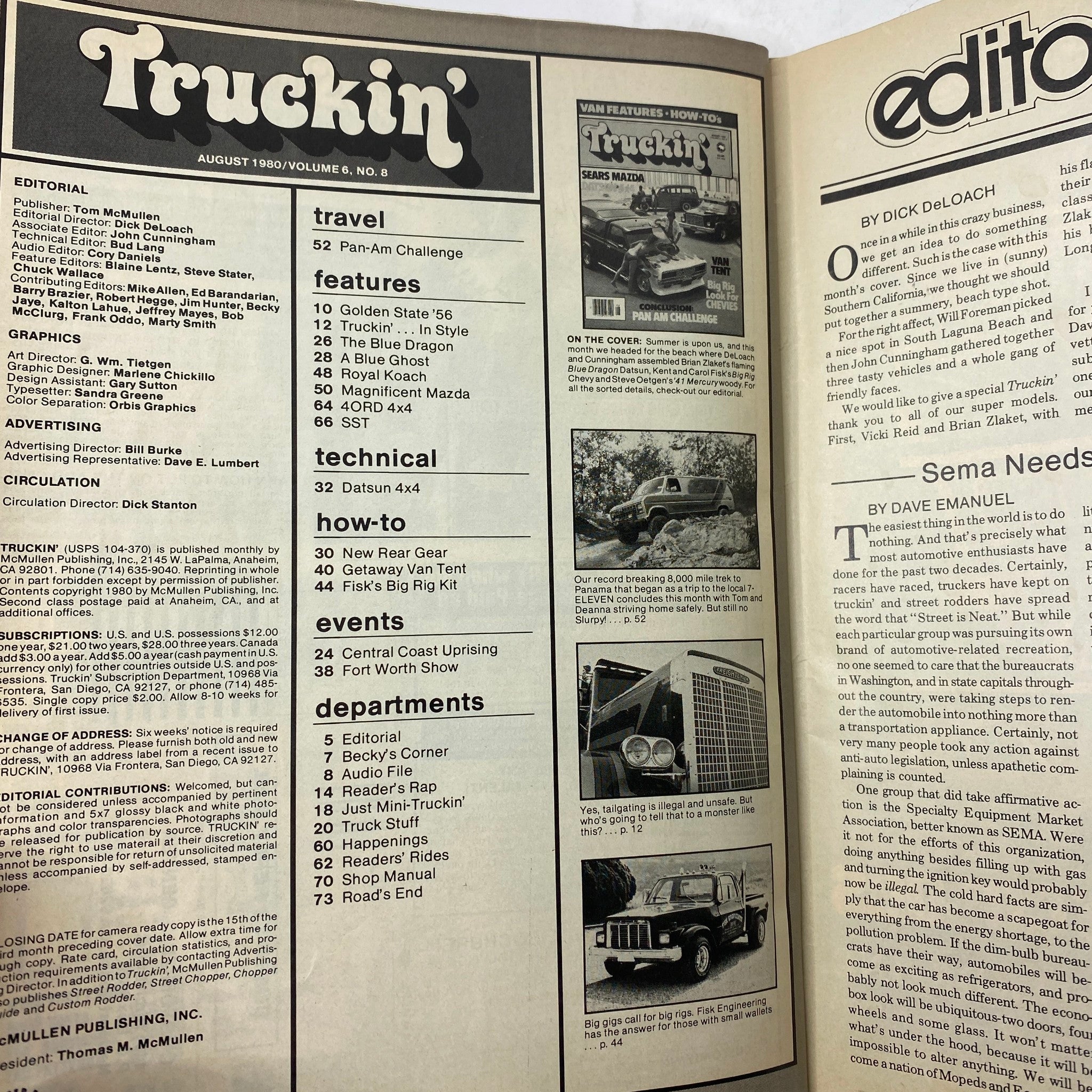 Interior page of VTG Truckin' Magazine August 1980, displaying the table of contents and editorial features including articles on Sears Mazda and Datsun 4x4.