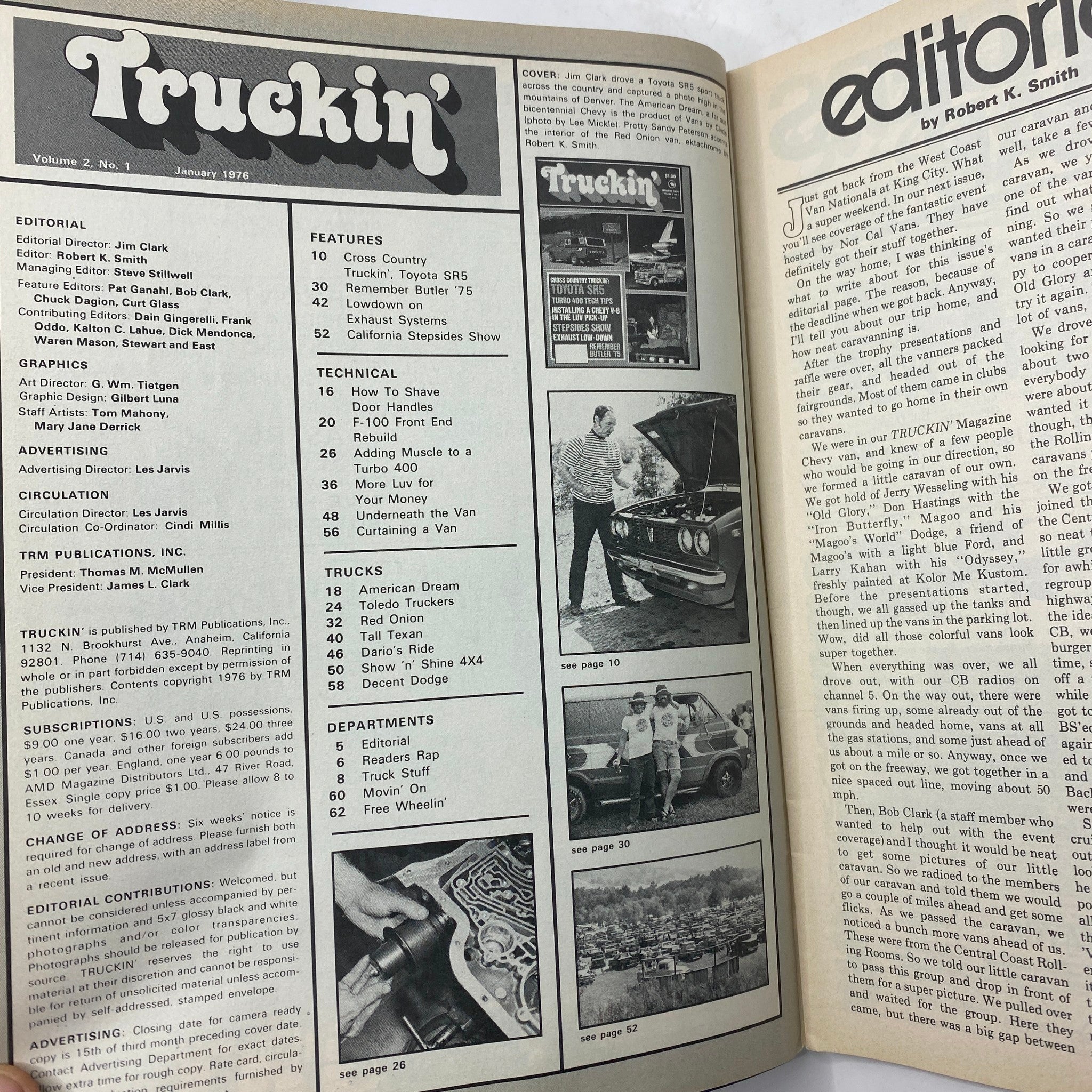 Interior page of VTG Truckin' Magazine January 1976, showcasing the editorial section, features on Toyota SR5, and images related to trucking culture.