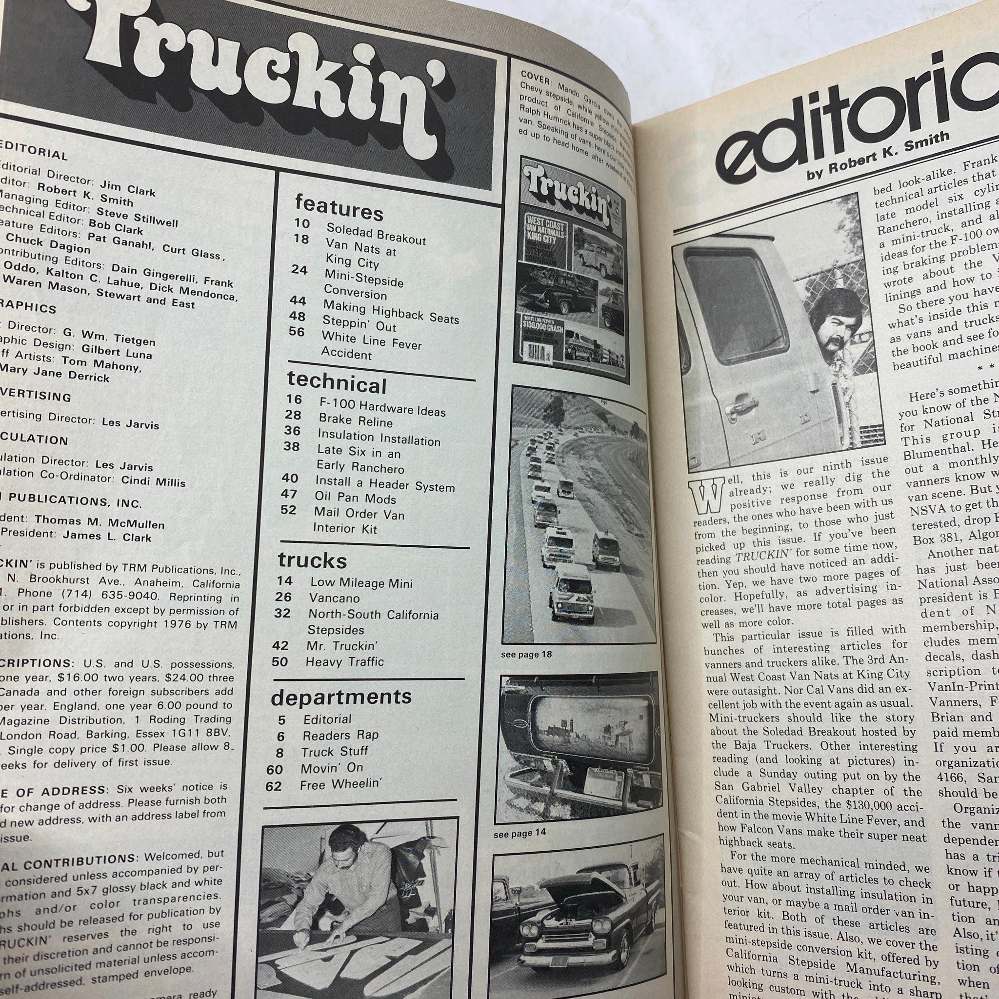 Interior page of VTG Truckin' Magazine February 1976, displaying editorial content and features related to truck culture and the West Coast Nationals.