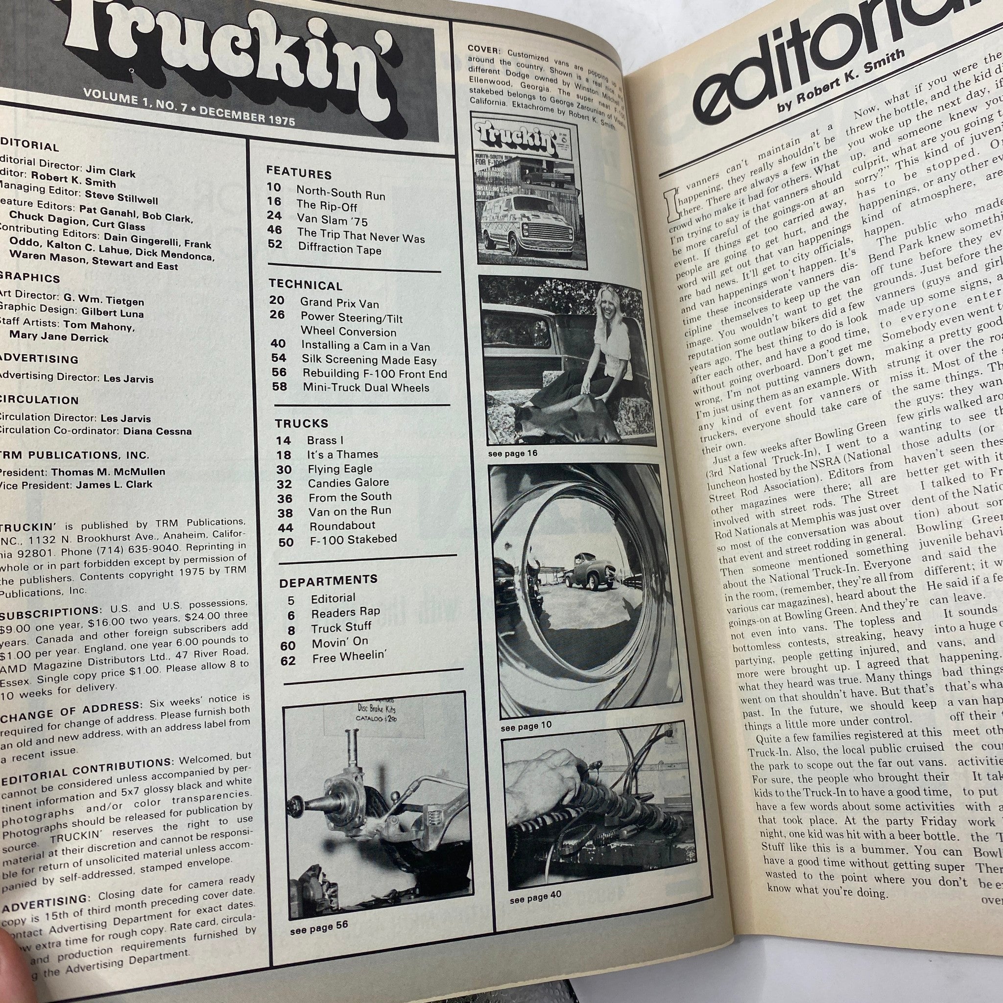 Inside page of VTG Truckin' Magazine December 1975 highlighting editorial and feature sections, including an overview of articles related to automotive culture.