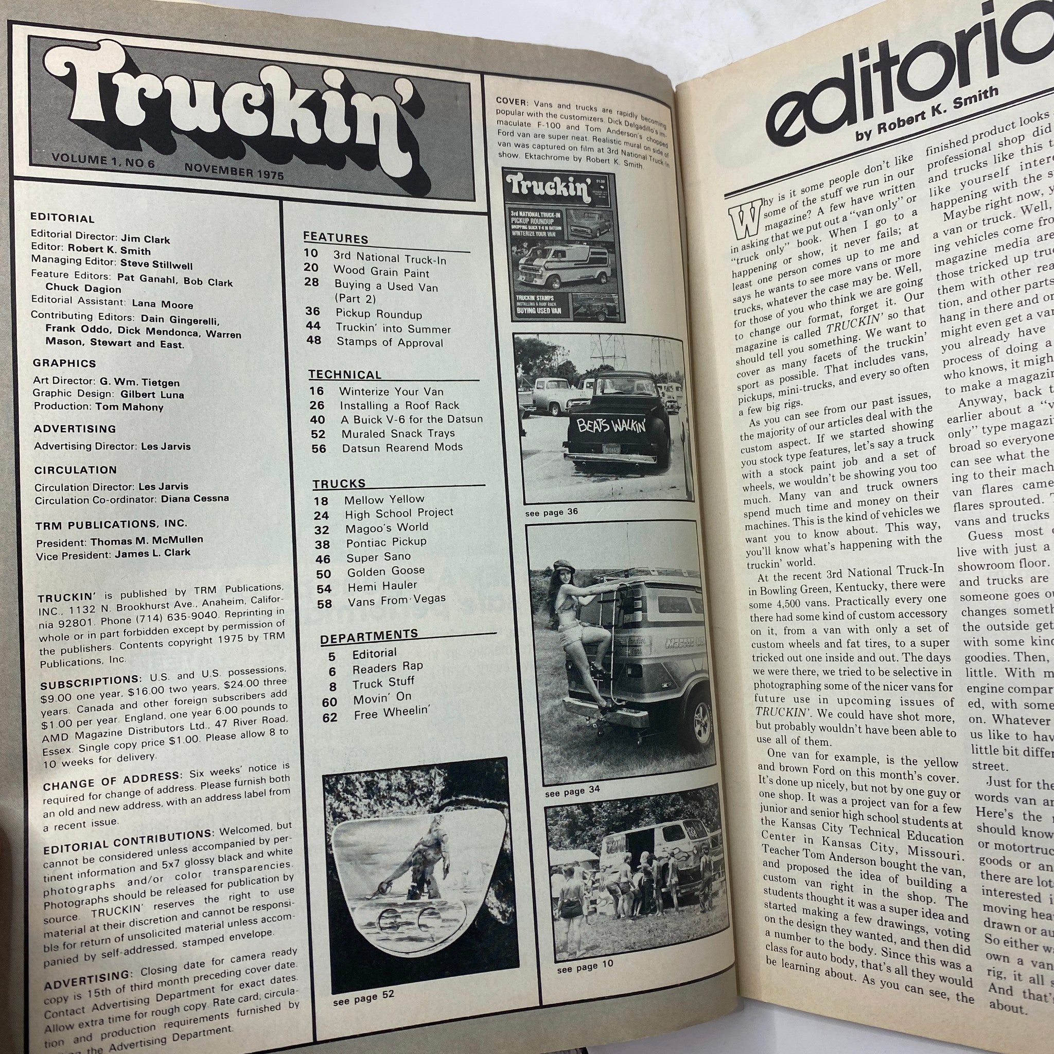 Interior page of November 1975 Truckin' Magazine showcasing the editorial section and contents list.