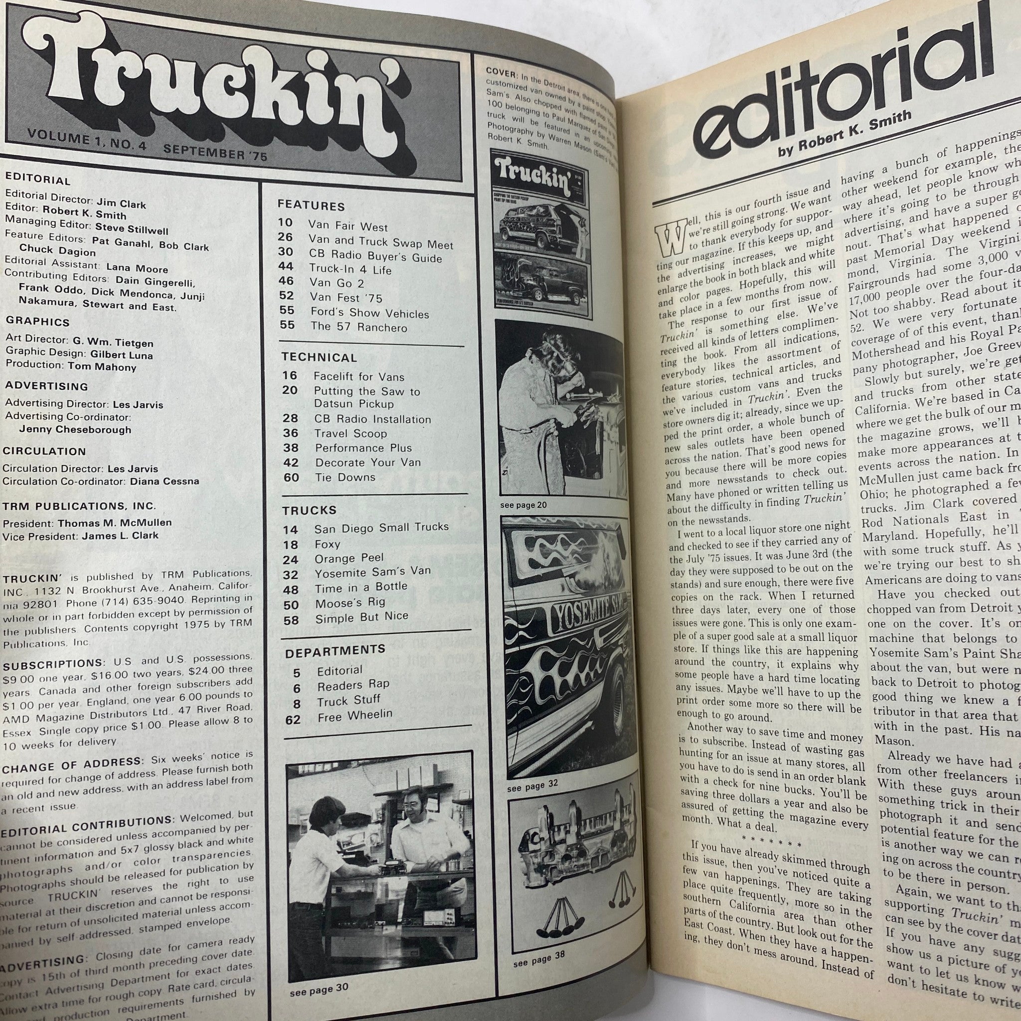 Interior pages of the September 1975 issue of Truckin' Magazine, showcasing the editorial section and features, including a focus on technical tips for Datsun pickups and vans, emphasizing the magazine's rich automotive heritage.