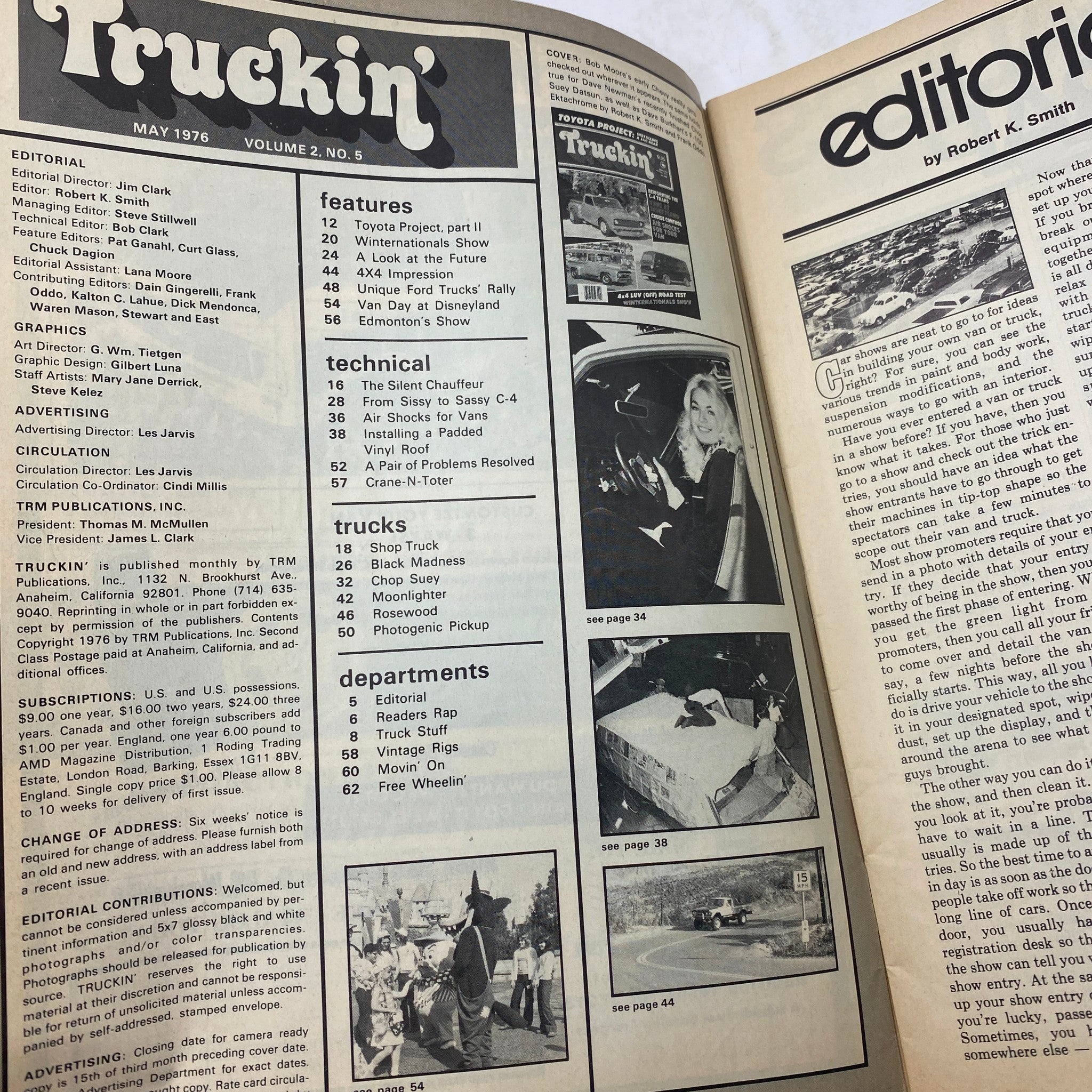 Interior page of VTG Truckin' Magazine May 1976 Vol 2 No 5 displaying the Table of Contents, highlighting features and technical articles related to trucks.