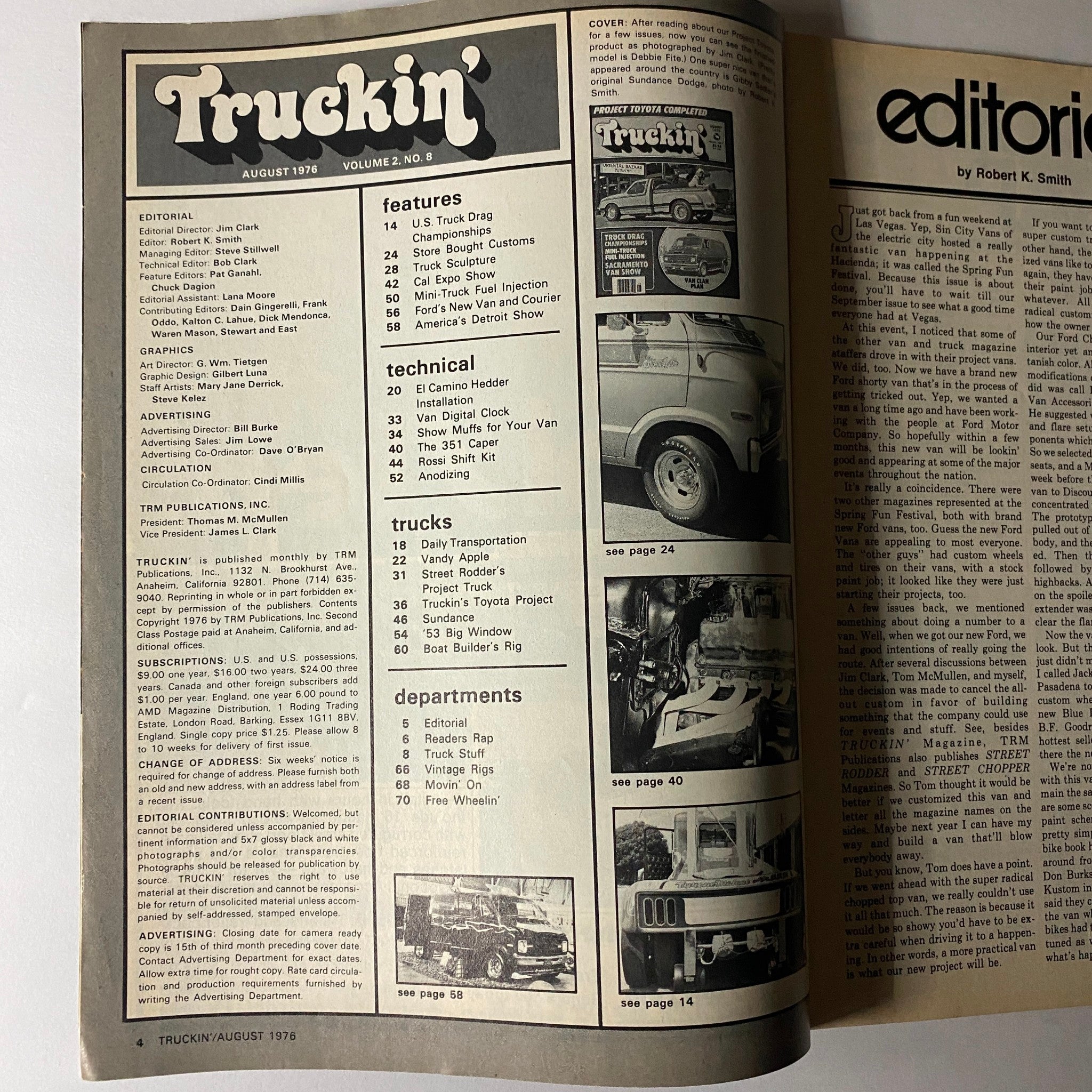 Interior page of VTG Truckin' Magazine August 1976, Volume 2, No. 8, showcasing the table of contents. Features articles on truck drag championships, technical details, and various truck profiles.