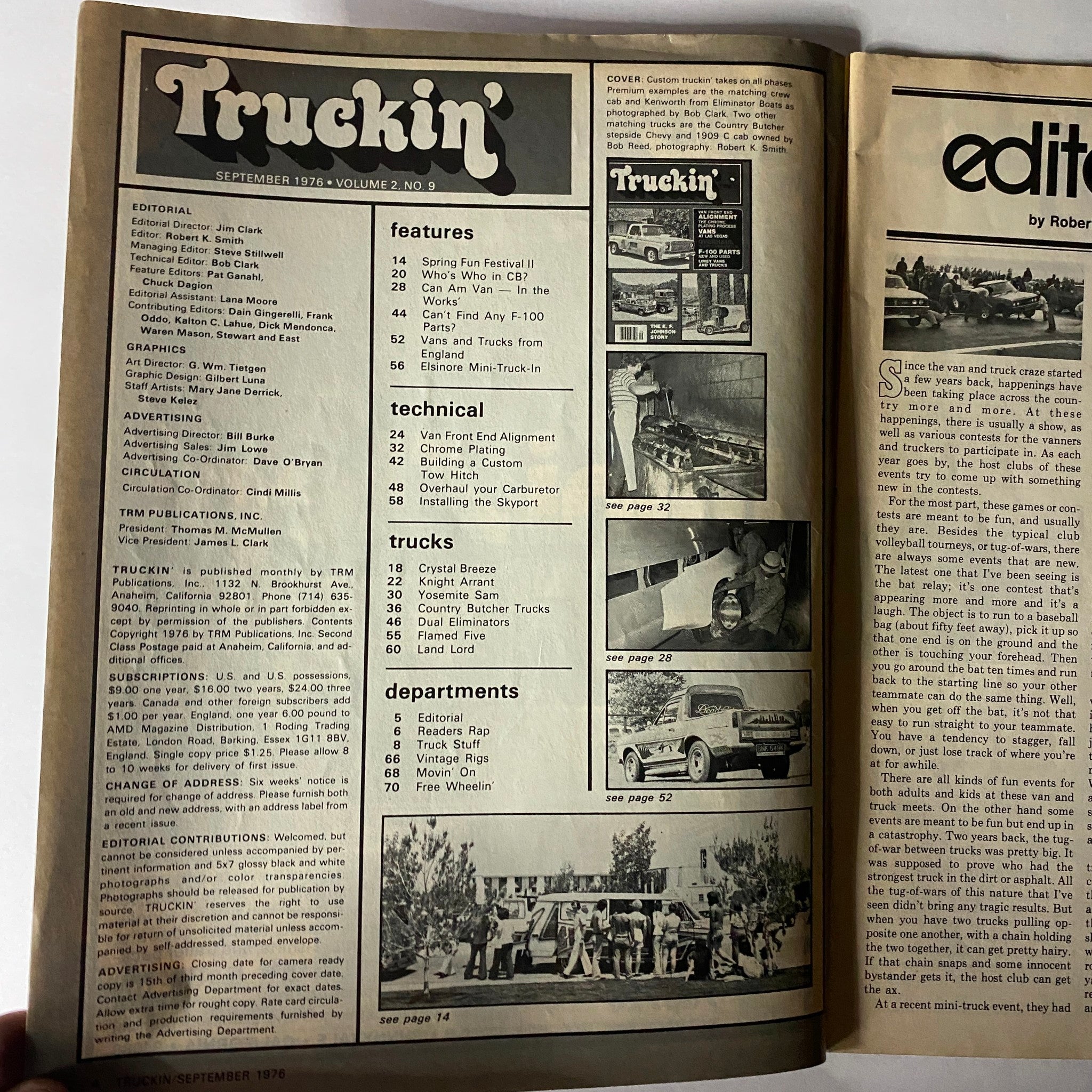 Interior page of VTG Truckin' Magazine September 1976 detailing features and articles, including van front end alignment and truck maintenance.