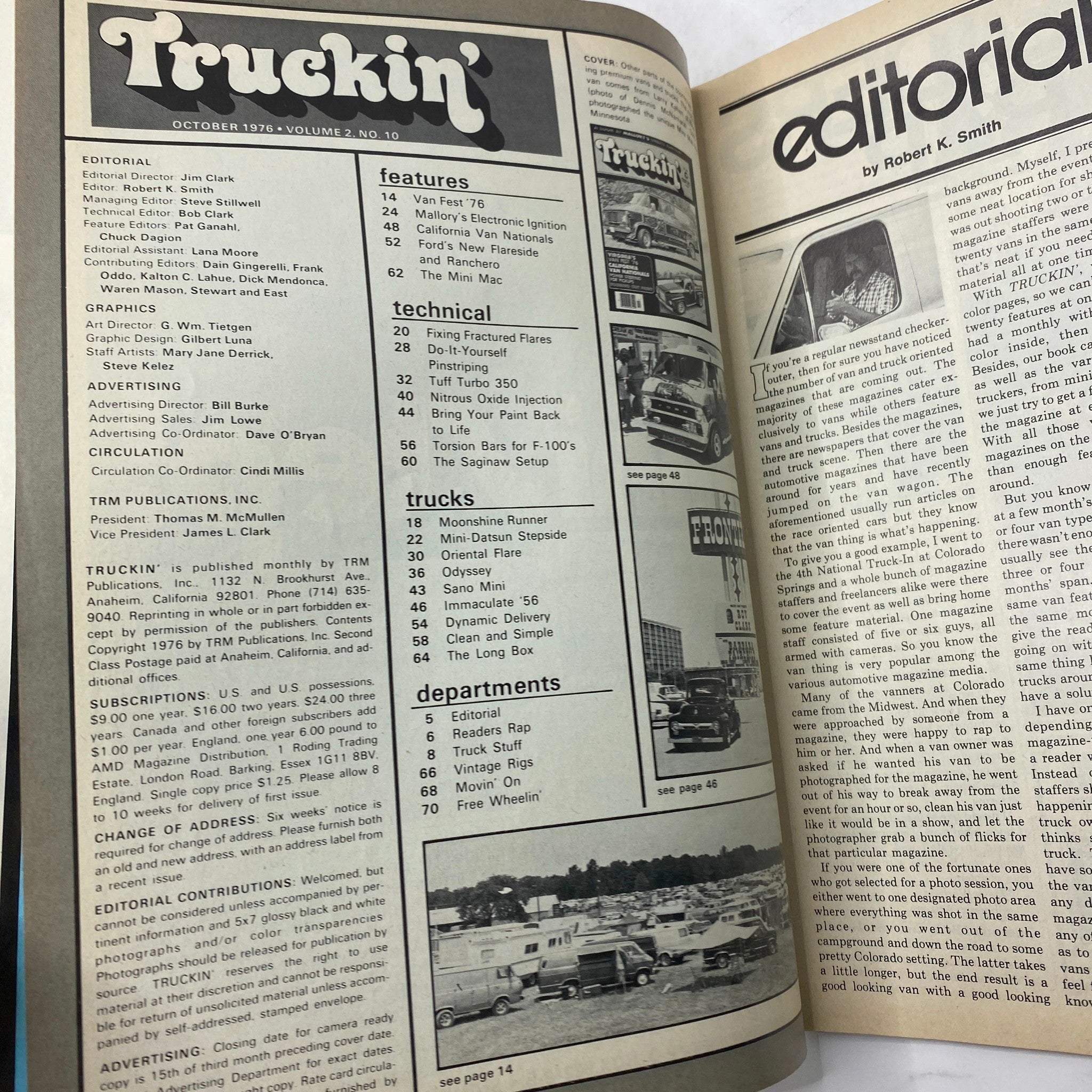 Inside page of VTG Truckin' Magazine October 1976 Vol 2 No 10 displaying the table of contents and an editorial section.