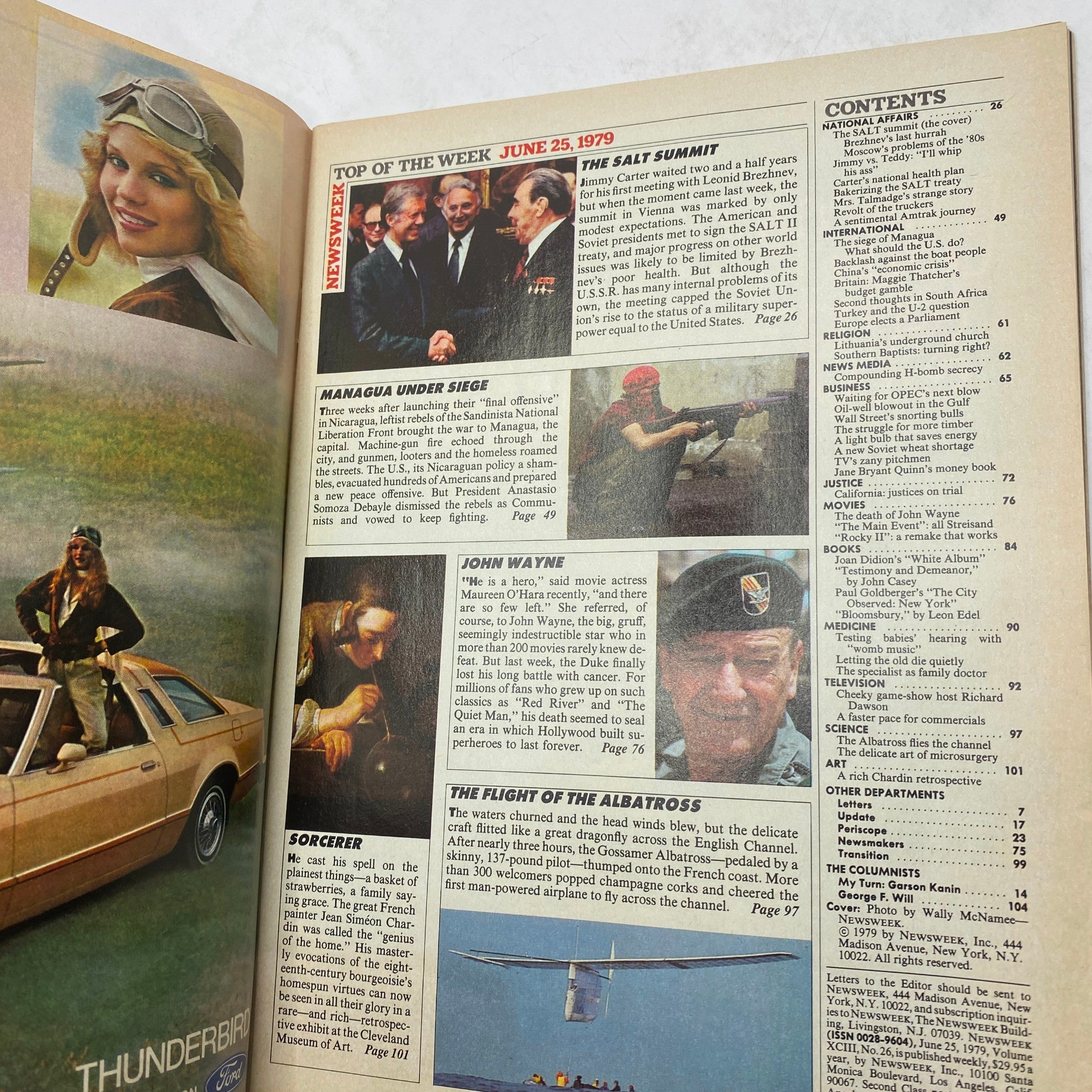 Inside page of VTG Newsweek Magazine June 25 1979 featuring a section on significant events including the SALT Summit, Managua under siege, and profiles on cultural icons like John Wayne.
