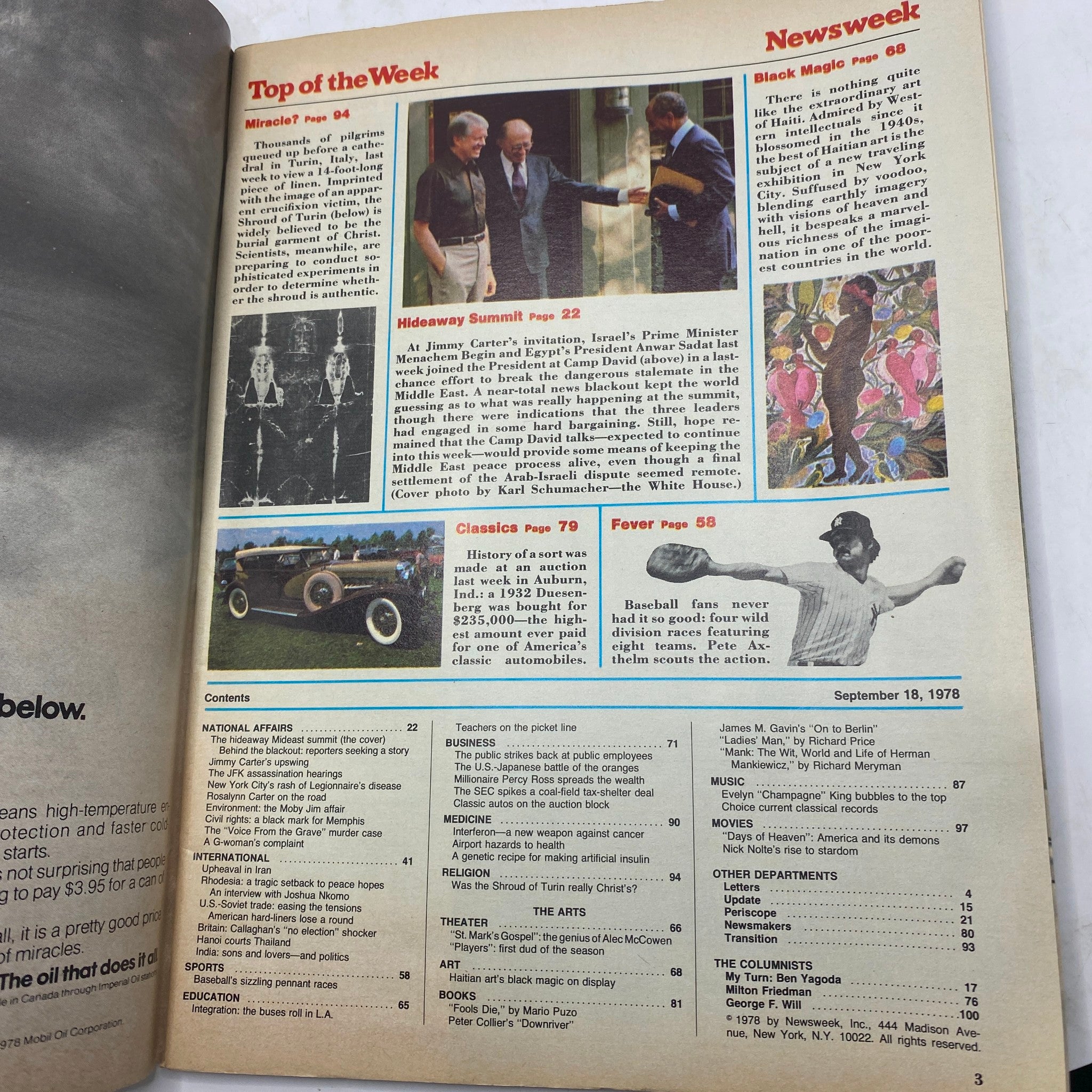 Inside contents page of Newsweek Magazine September 18 1978 highlighting the Hideaway Summit with notable figures Jimmy Carter, Menachem Begin, and Anwar Sadat.