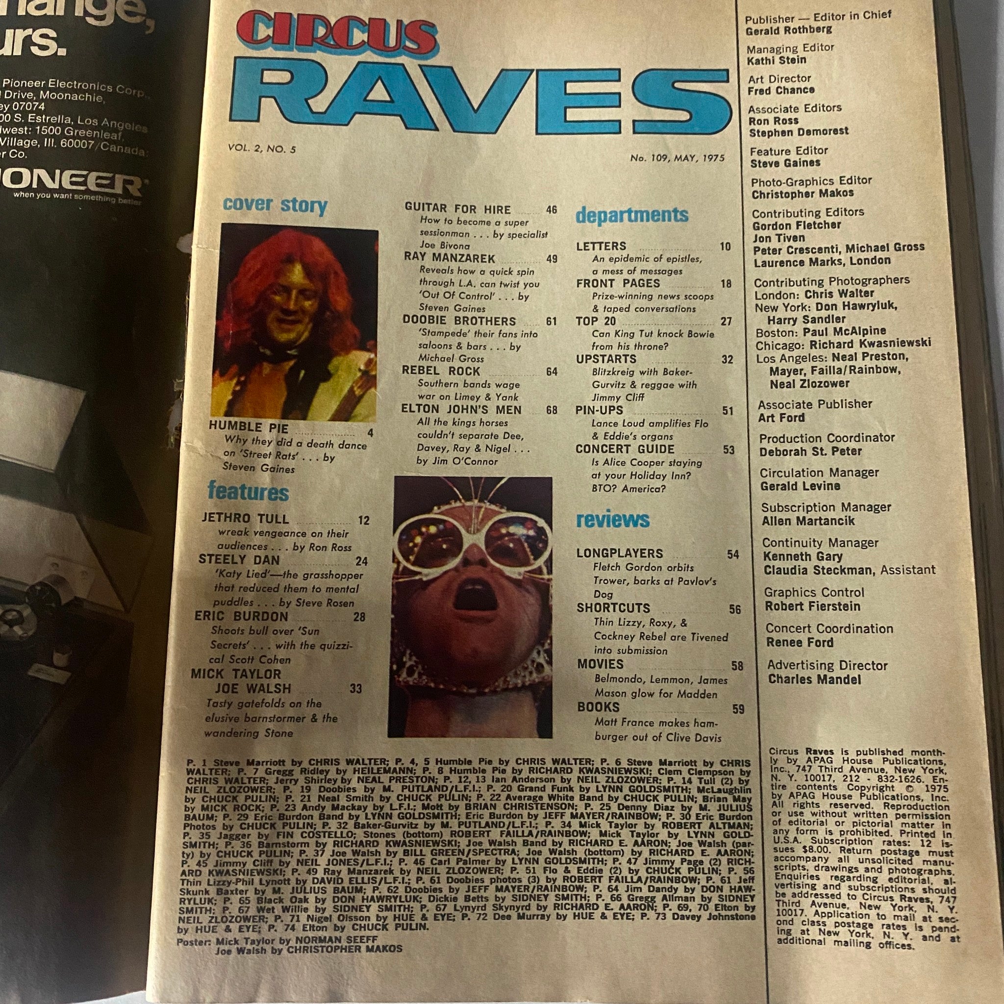 Inside page of Circus Magazine, May 1975, No. 109 displaying table of contents and features, capturing the essence of the entertainment scene in the 1970s.