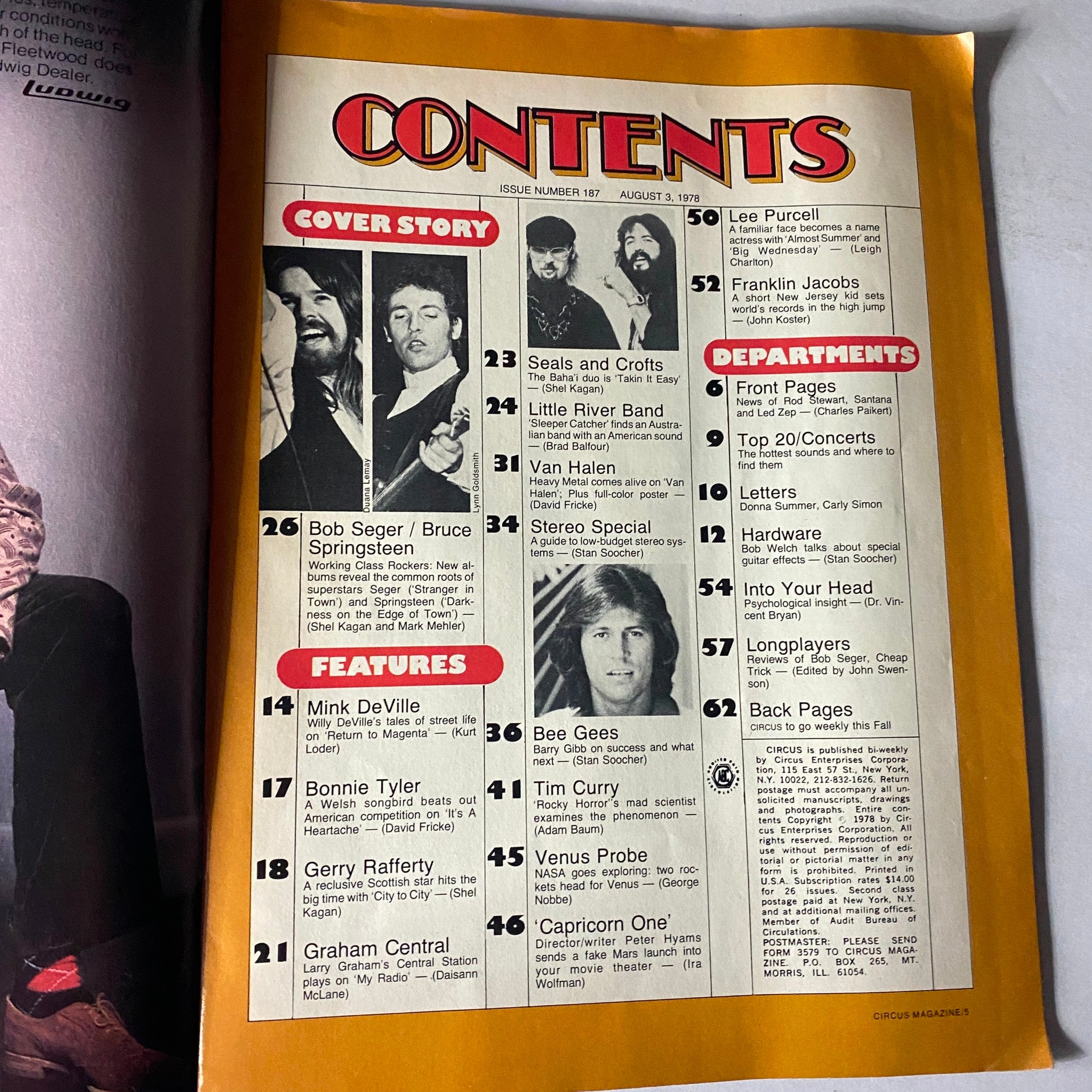 Table of contents page from VTG Circus Magazine August 3 1978, listing articles featuring Bob Seger, Bruce Springsteen, Mink DeVille, and more, highlighting key features and sections of the magazine.