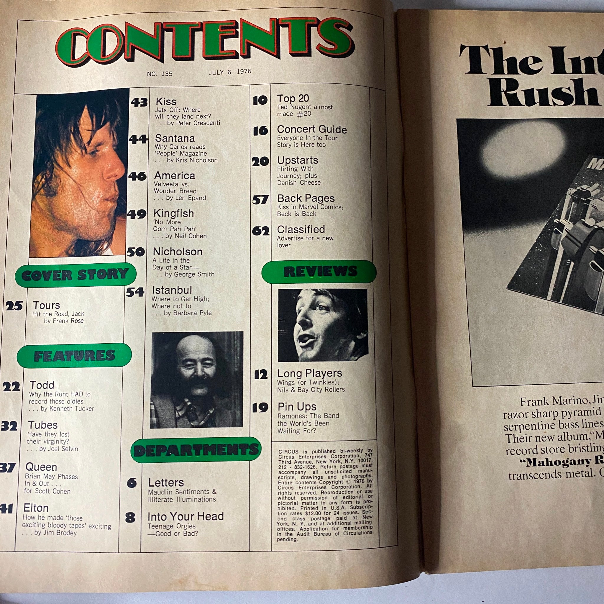 Contents page of the VTG Circus Magazine July 6, 1976, featuring articles about iconic bands like Kiss, Santana, and more.