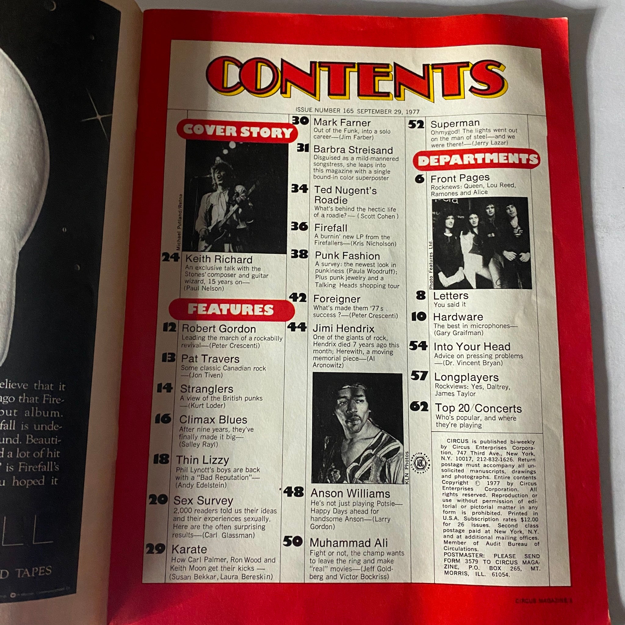 Contents page of VTG Circus Magazine September 29, 1977, outlining featured articles including Keith Richards' cover story and other music highlights.