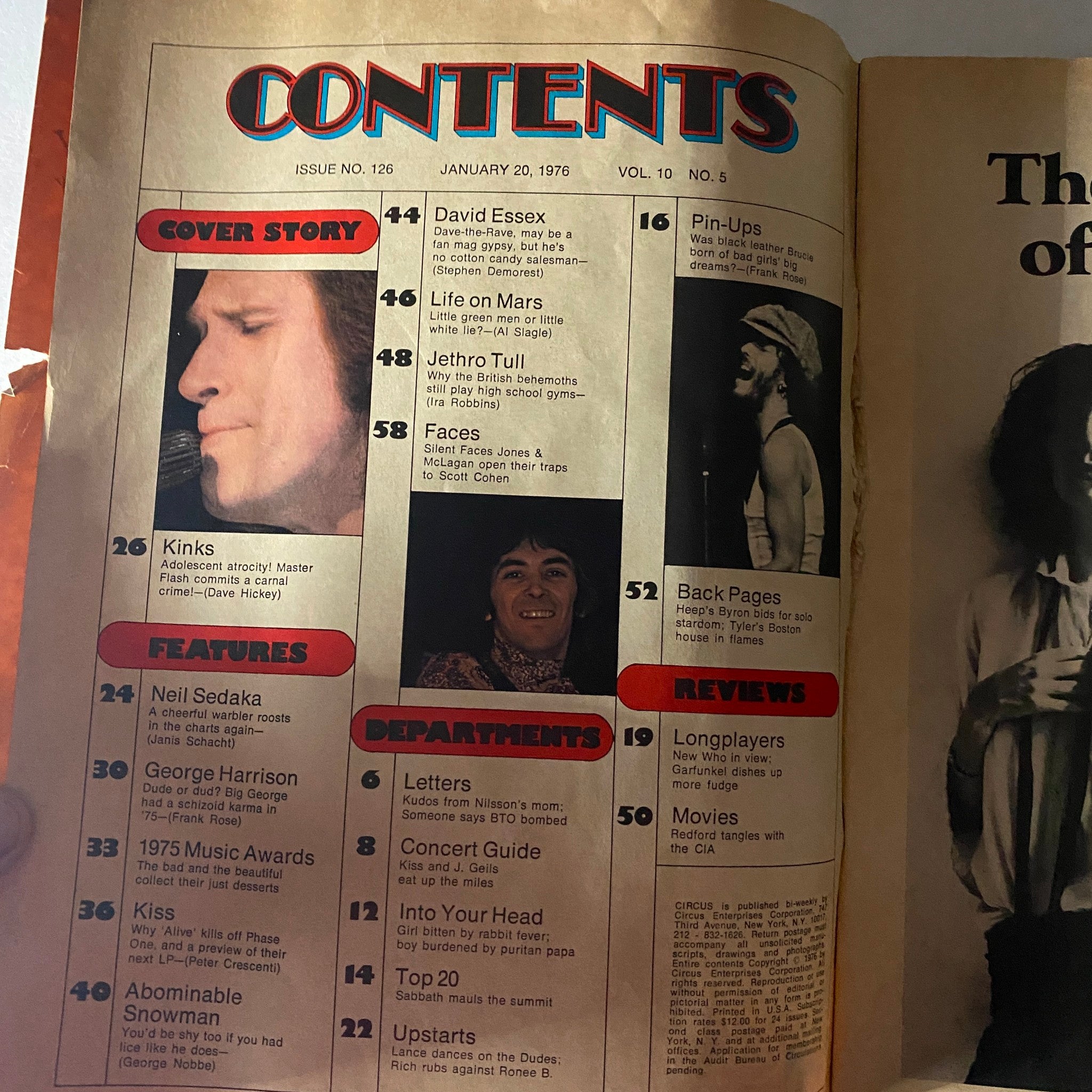 Contents page of VTG Circus Magazine January 20 1976, listing feature articles and interviews from the rock music scene of the 1970s.