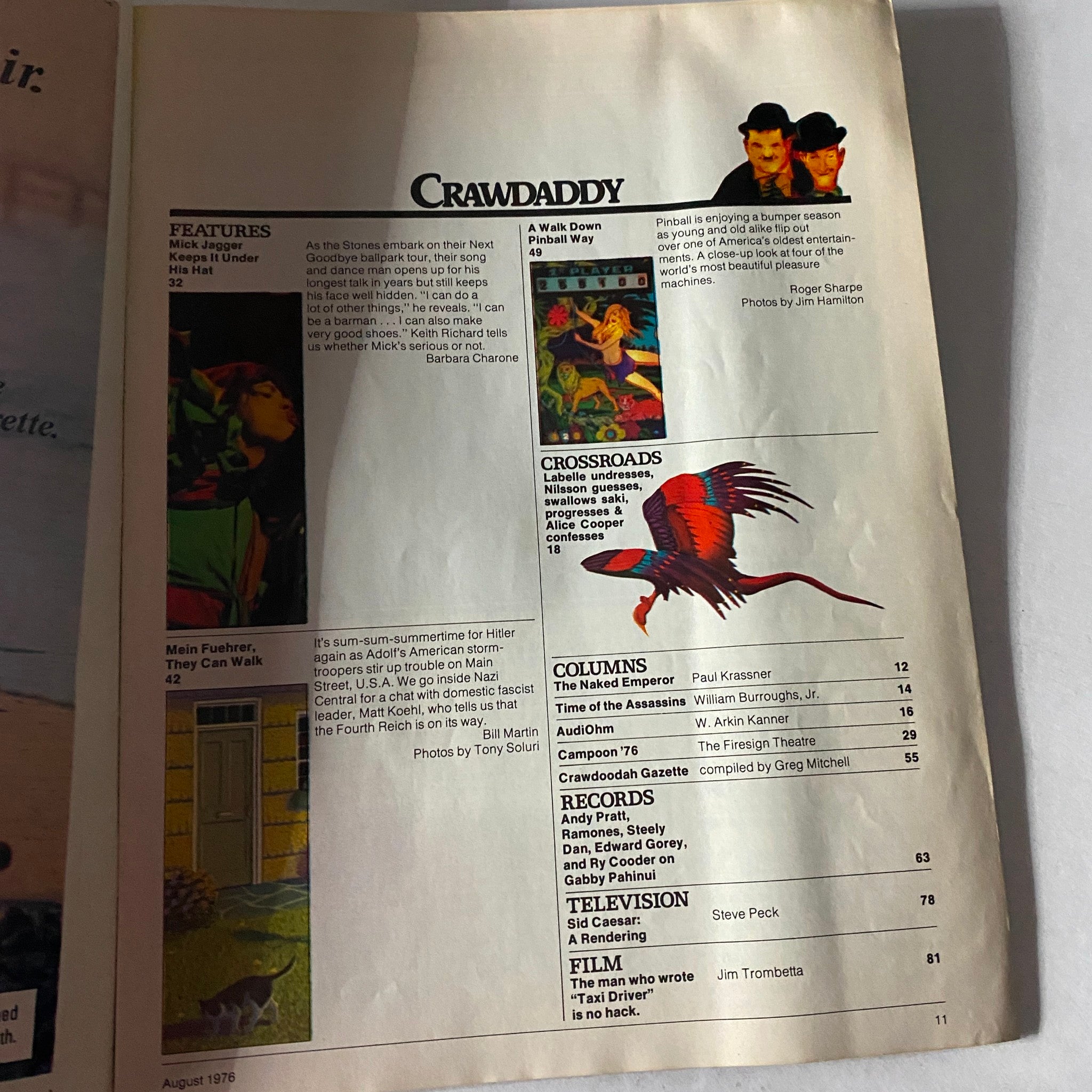 Crawdaddy Magazine August 1976 interior page, featuring the Mick Jagger interview, along with a table of contents detailing various articles and features of the issue.