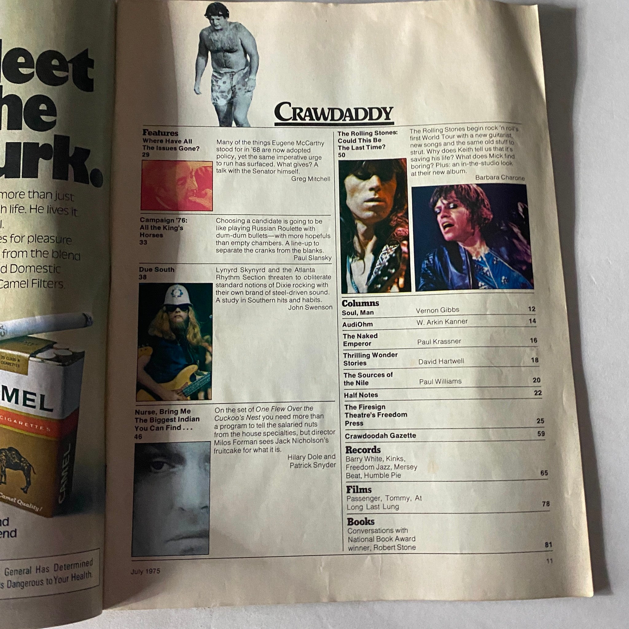 Inside page of the VTG Crawdaddy Magazine July 1975 showcasing articles and features about The Rolling Stones and other notable music and cultural content from the era.
